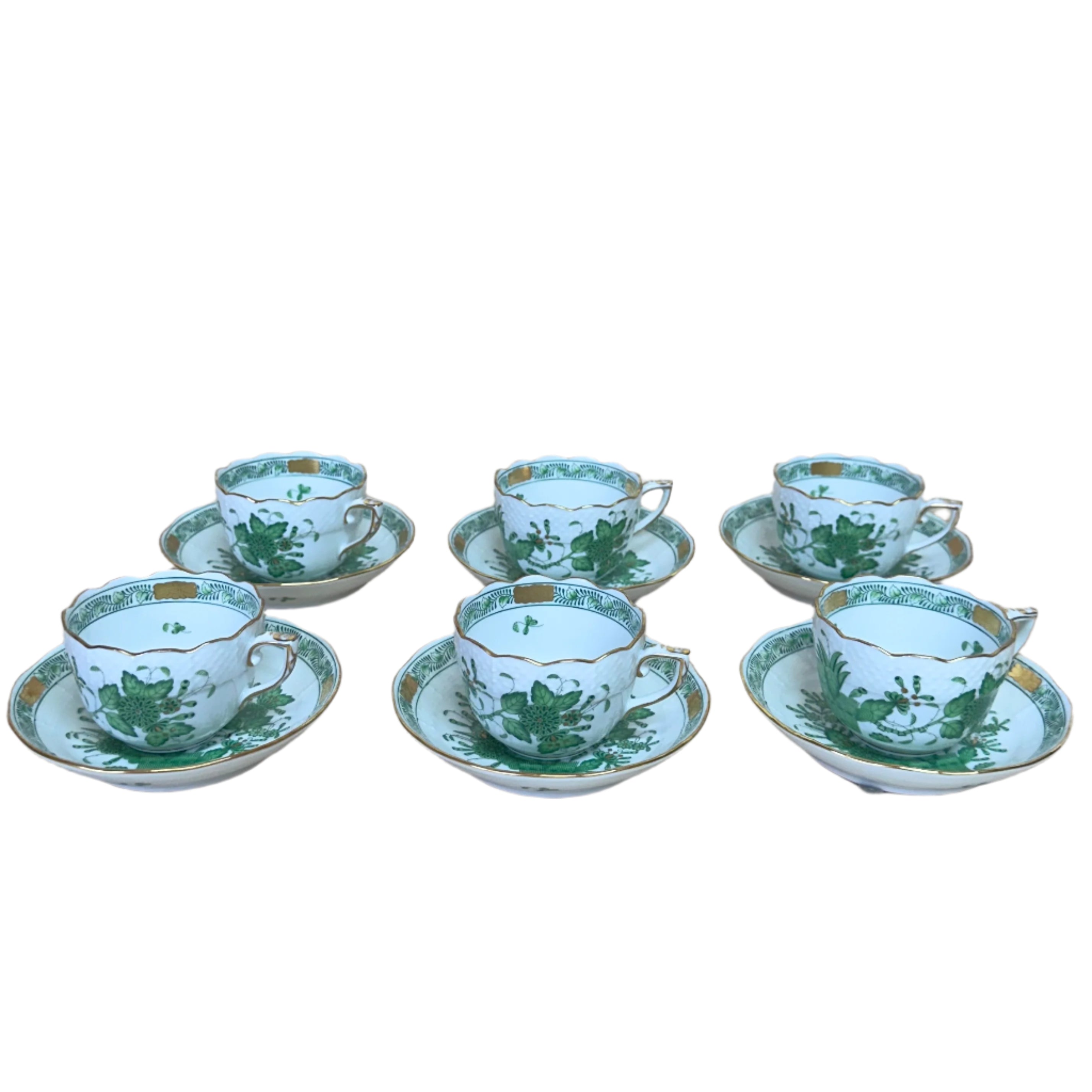 12pc Herend Indian Basket Green Flat Demitasse Cup & Saucer Set for 6