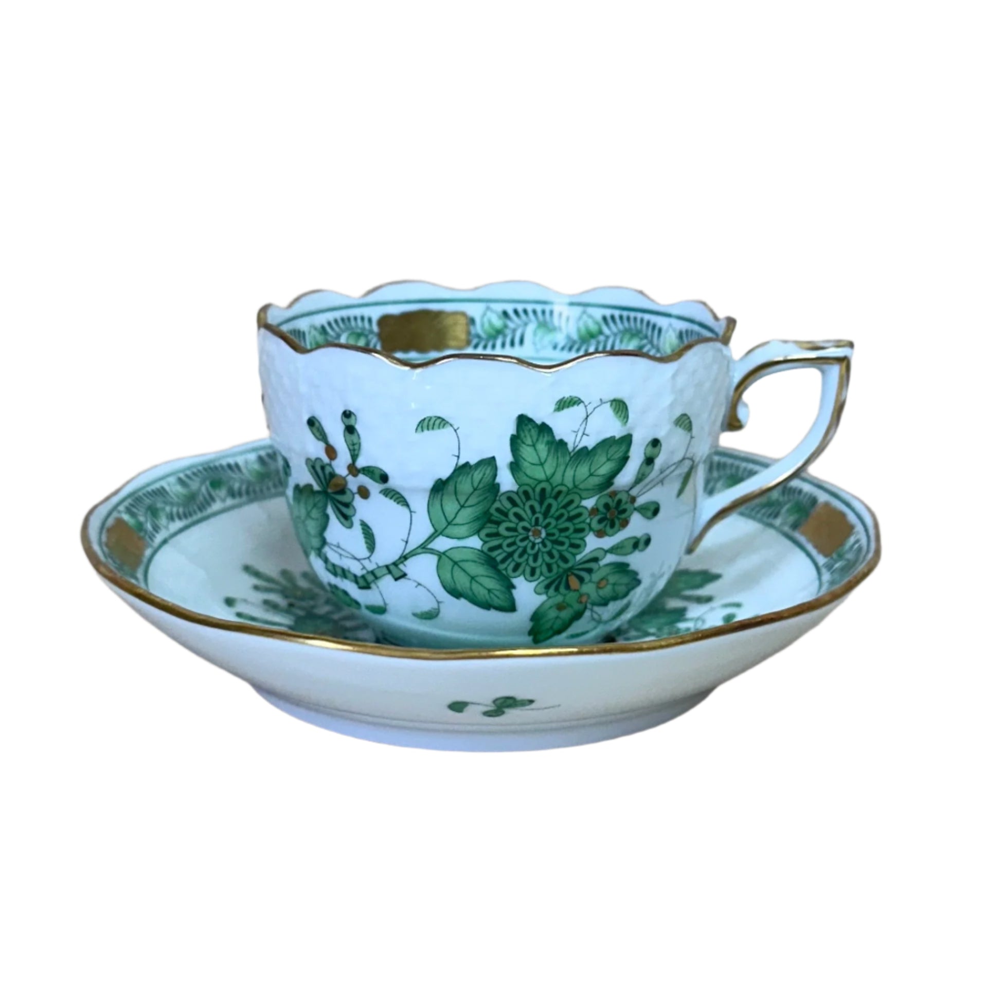 12pc Herend Indian Basket Green Flat Demitasse Cup & Saucer Set for 6