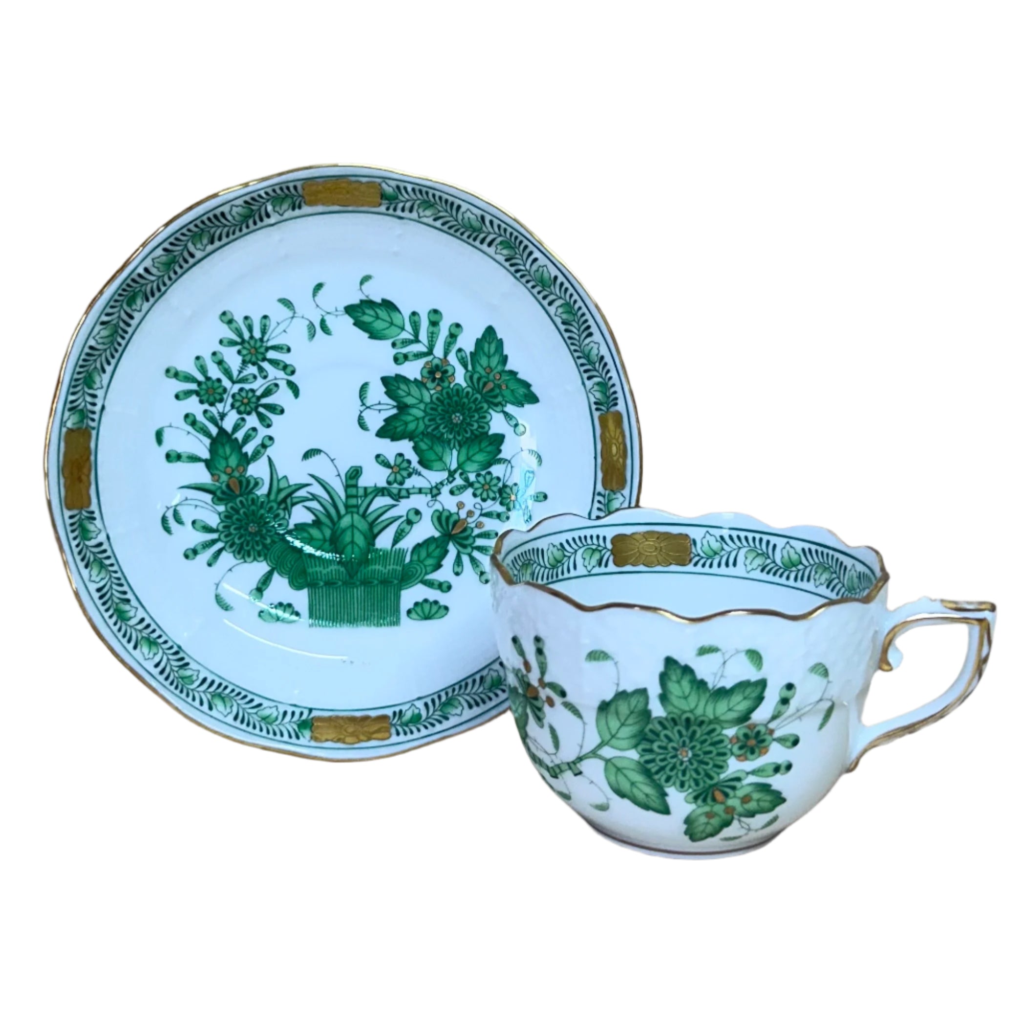 12pc Herend Indian Basket Green Flat Demitasse Cup & Saucer Set for 6