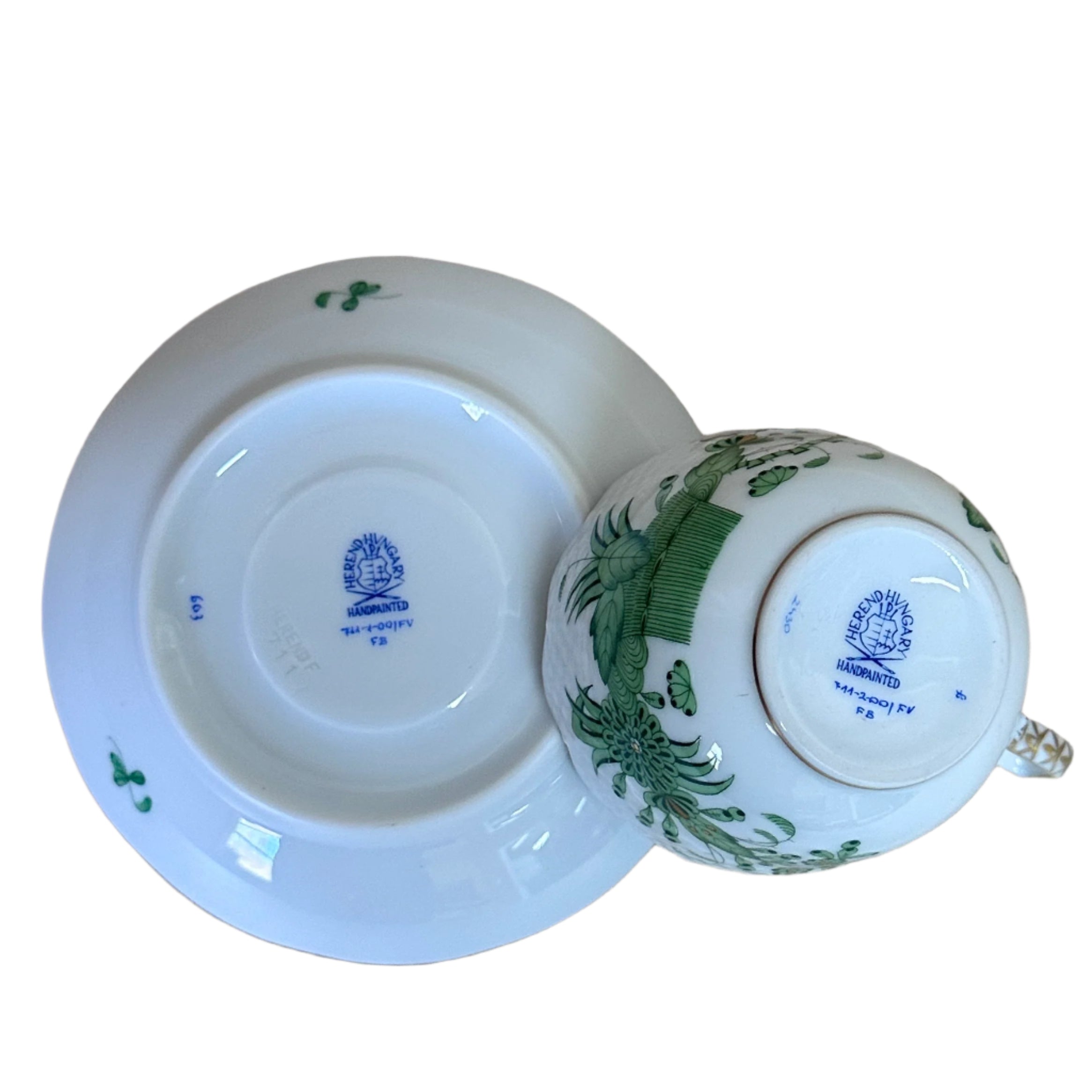 12pc Herend Indian Basket Green Flat Demitasse Cup & Saucer Set for 6