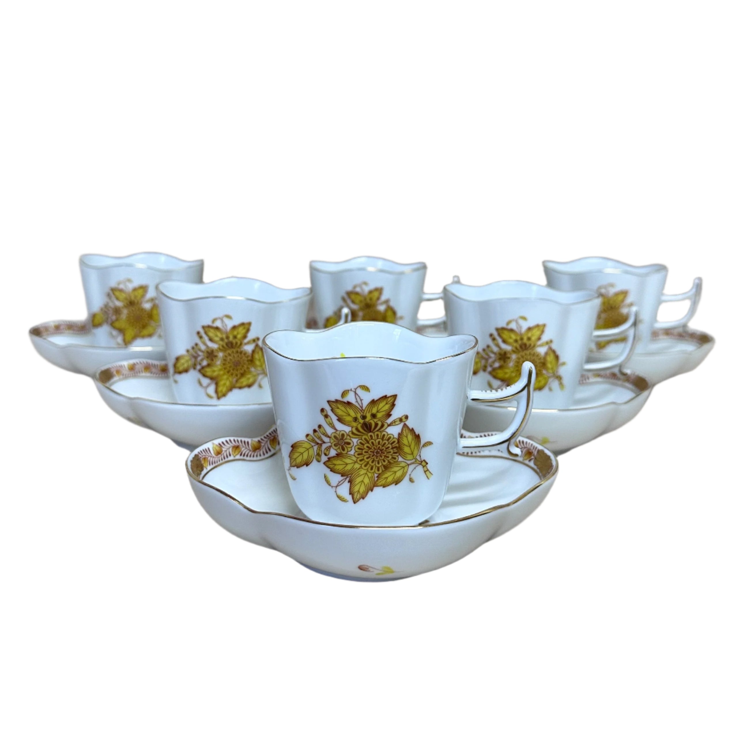12pc Herend Chinese Bouquet Yellow Flat Demitasse Cup & Saucer Set for 6
