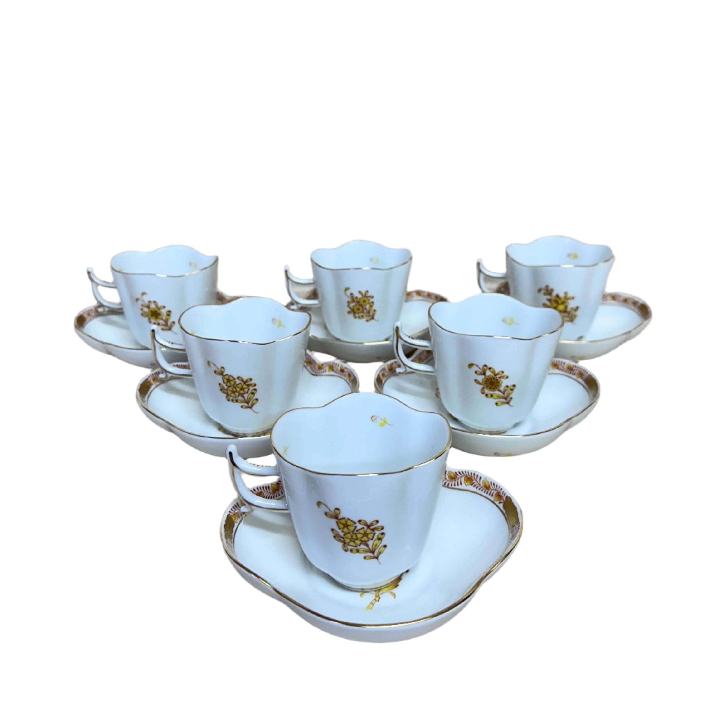 12pc Herend Chinese Bouquet Yellow Flat Demitasse Cup & Saucer Set for 6