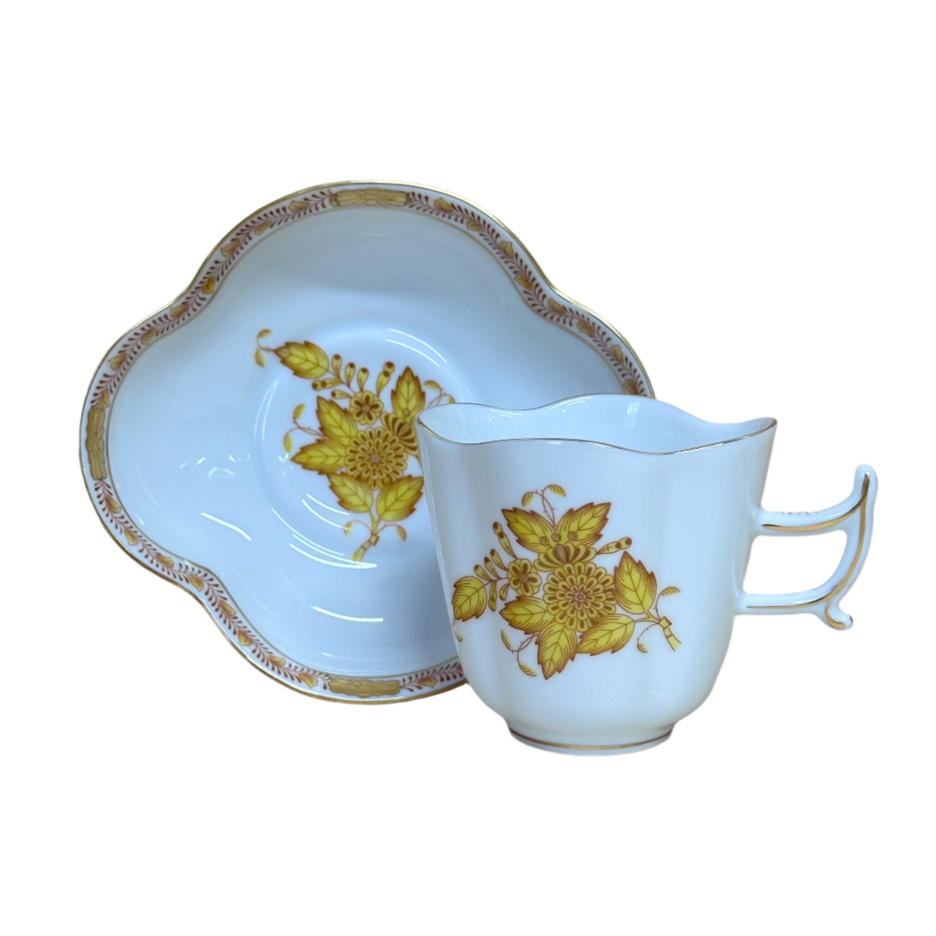 12pc Herend Chinese Bouquet Yellow Flat Demitasse Cup & Saucer Set for 6