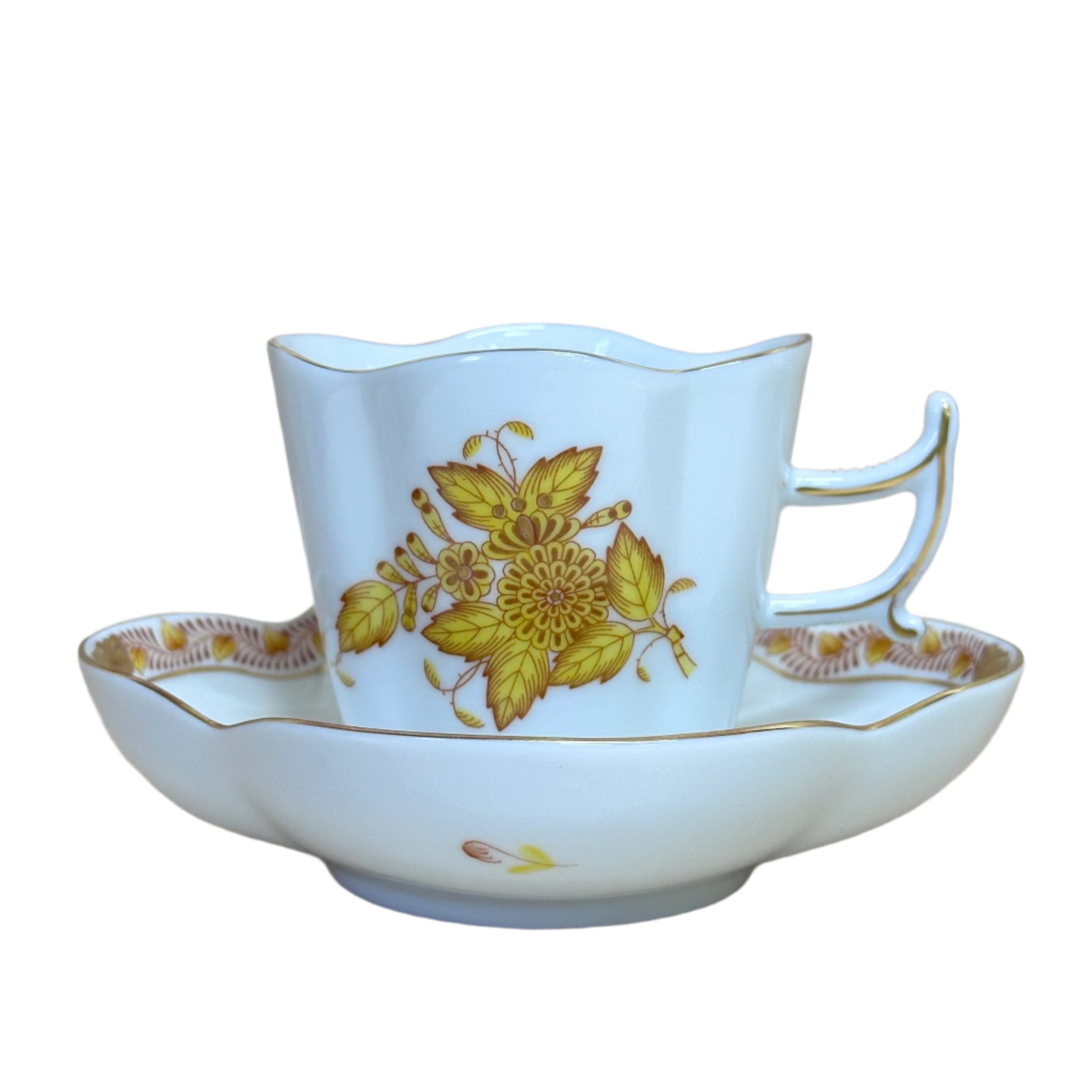 12pc Herend Chinese Bouquet Yellow Flat Demitasse Cup & Saucer Set for 6