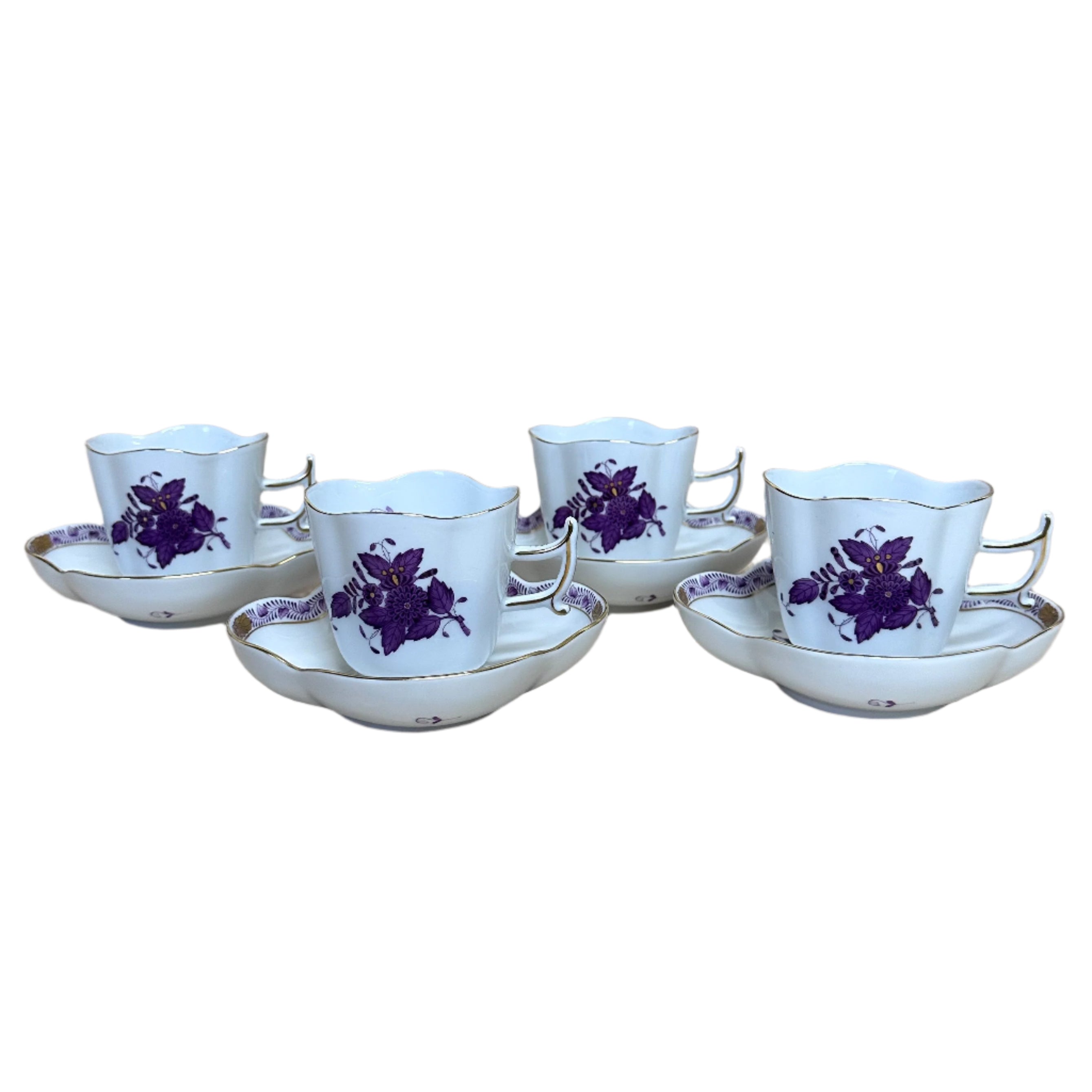 8pc Herend Chinese Bouquet Lilac Flat Demitasse Cup & Saucer Set for 4