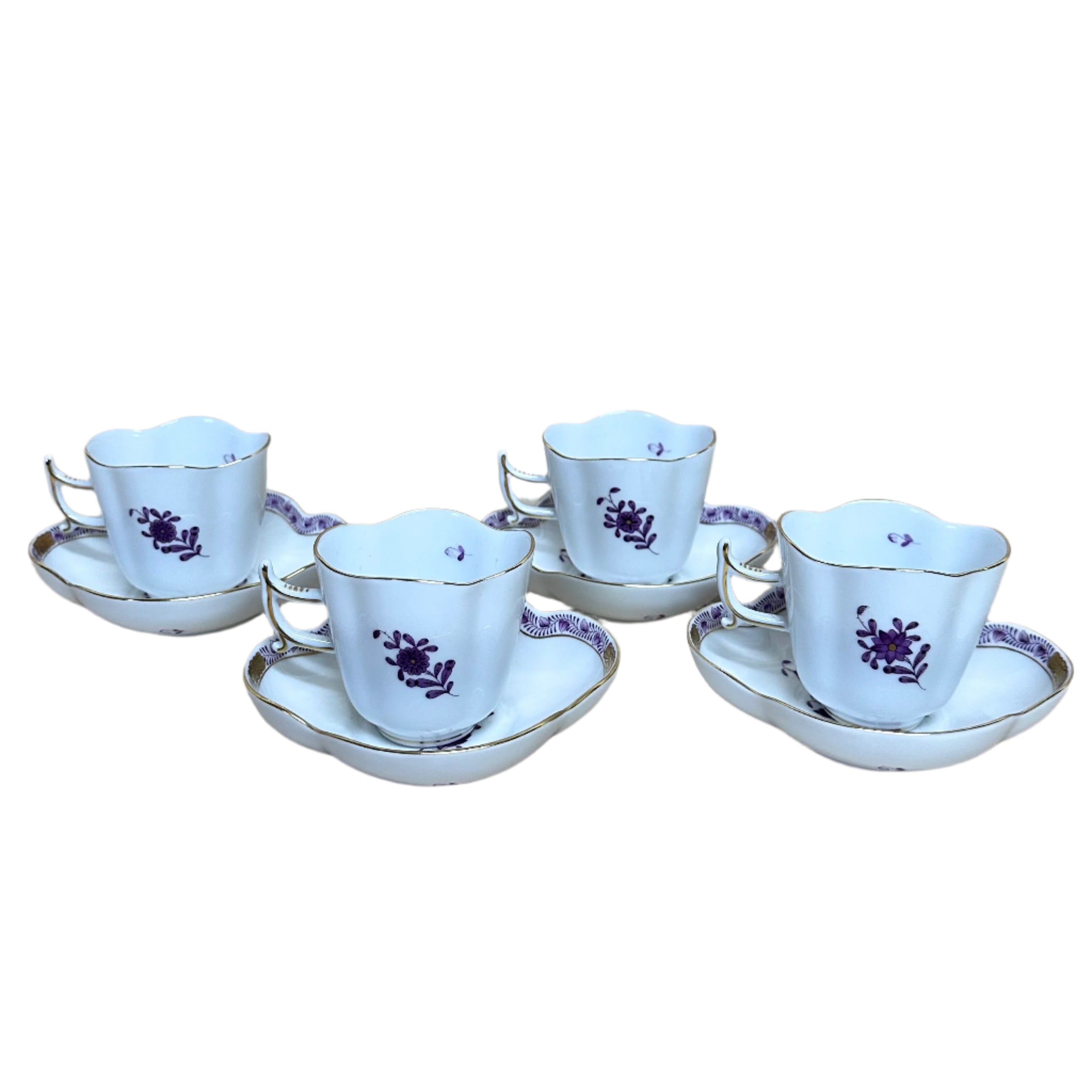 8pc Herend Chinese Bouquet Lilac Flat Demitasse Cup & Saucer Set for 4