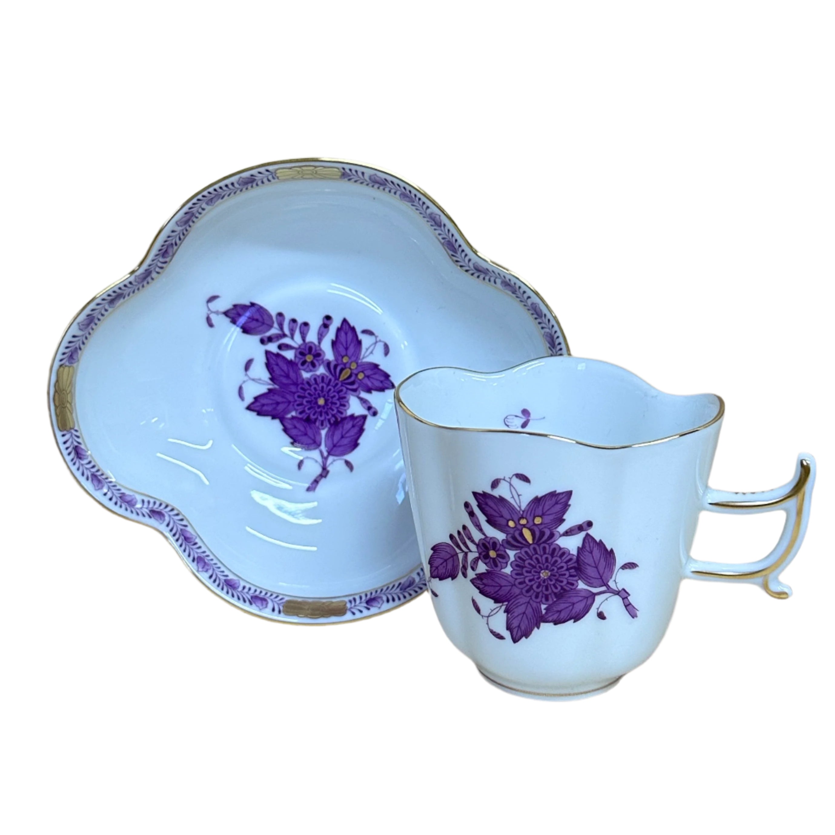 8pc Herend Chinese Bouquet Lilac Flat Demitasse Cup & Saucer Set for 4