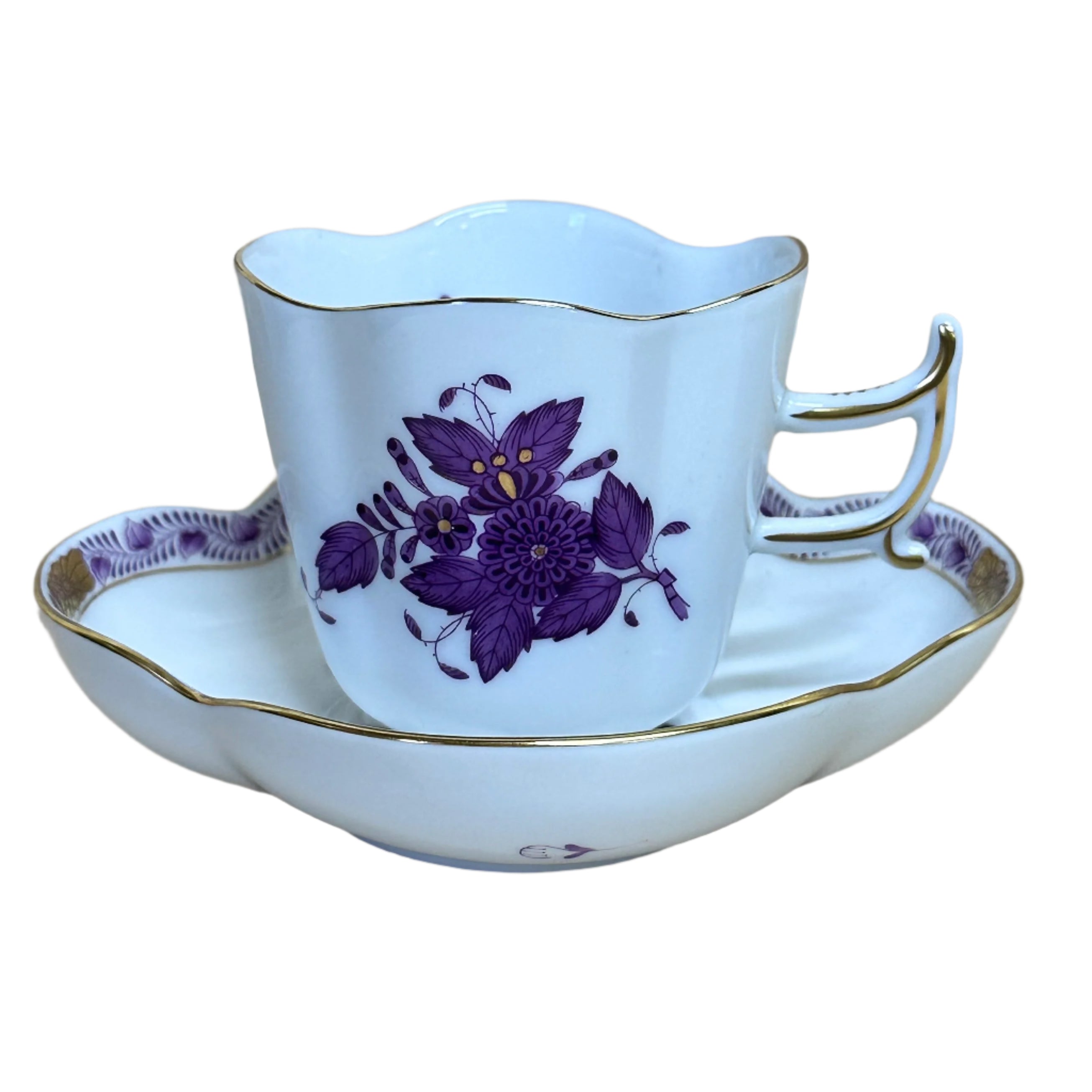 8pc Herend Chinese Bouquet Lilac Flat Demitasse Cup & Saucer Set for 4