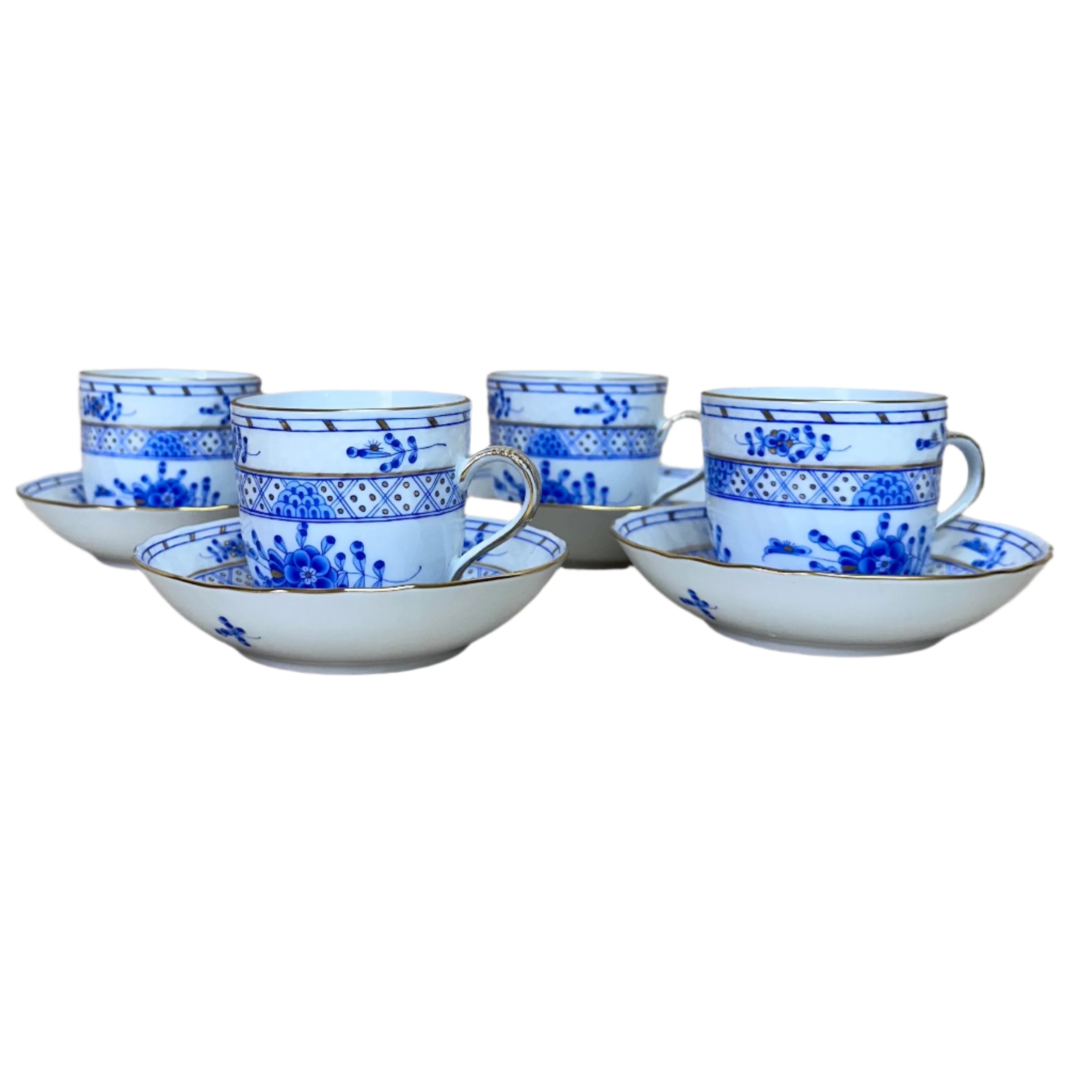 8pc Herend Waldstein Blue Flat Demitasse Cup & Saucer Set for 4