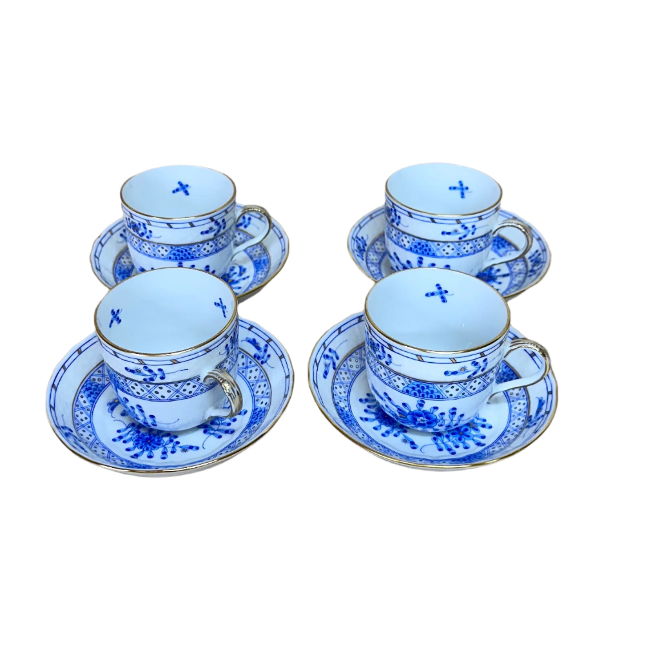 8pc Herend Waldstein Blue Flat Demitasse Cup & Saucer Set for 4