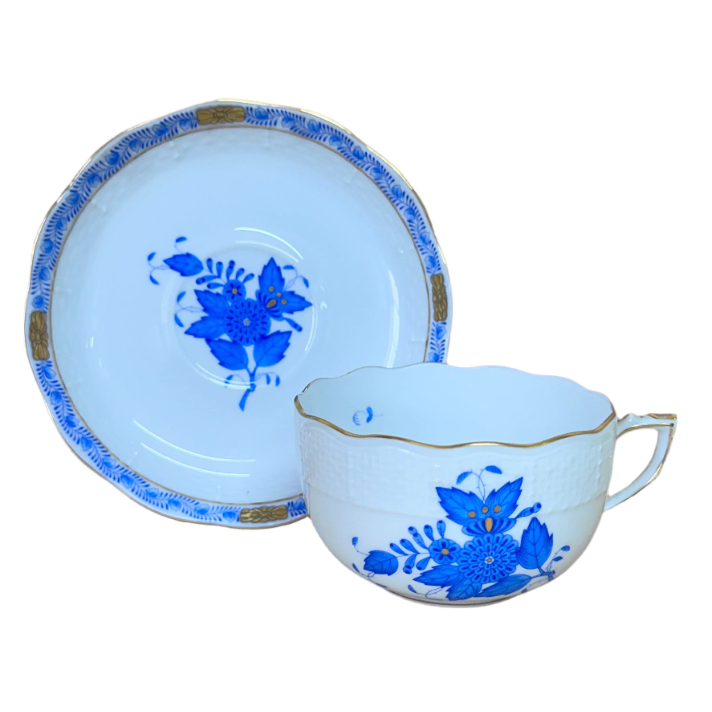 12pc Herend Chinese Bouquet Blue Flat Cup & Saucer Set for 6
