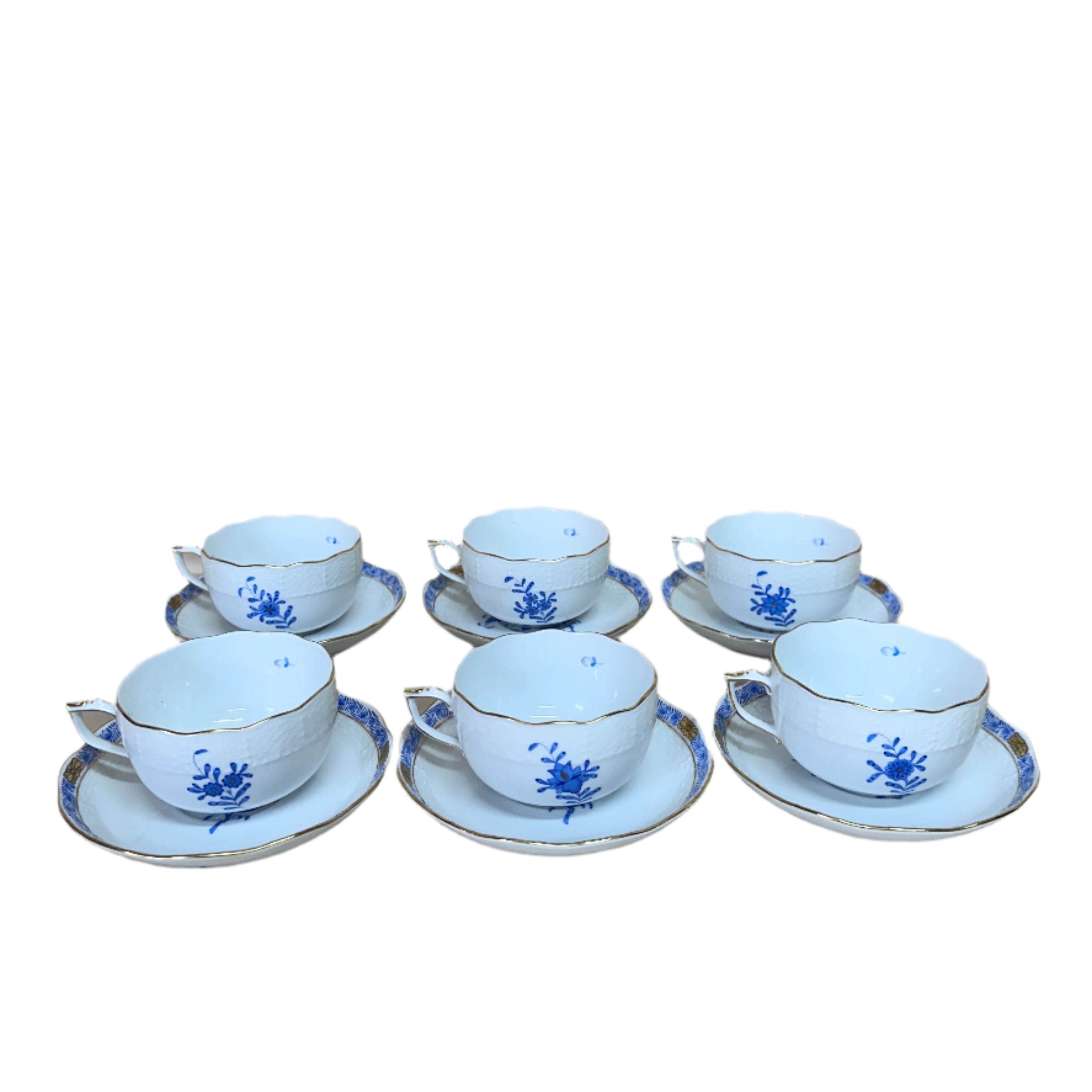 12pc Herend Chinese Bouquet Blue Flat Cup & Saucer Set for 6