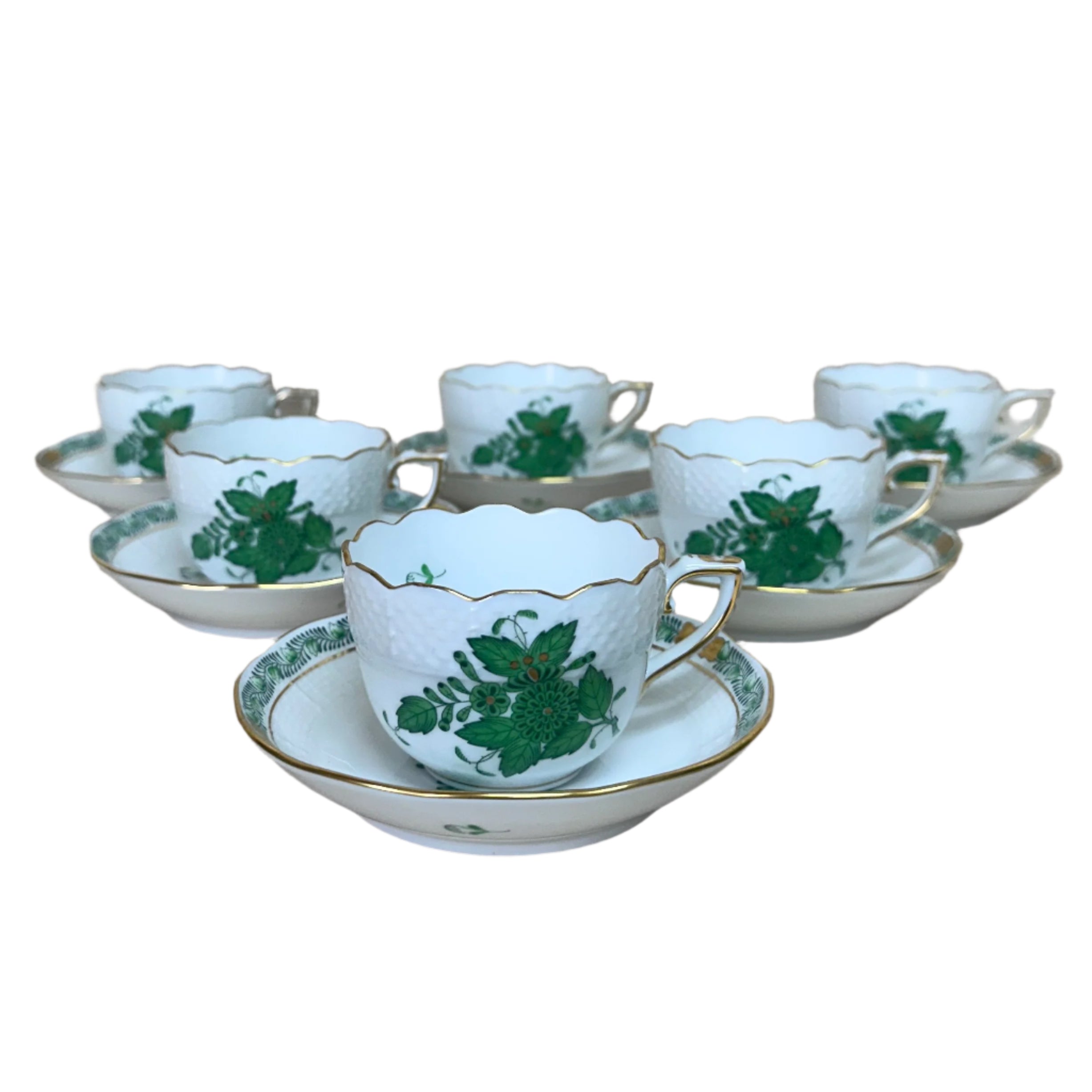 12pc Herend Chinese Bouquet Green Porcelain Flat Demitasse Cup & Saucer Set