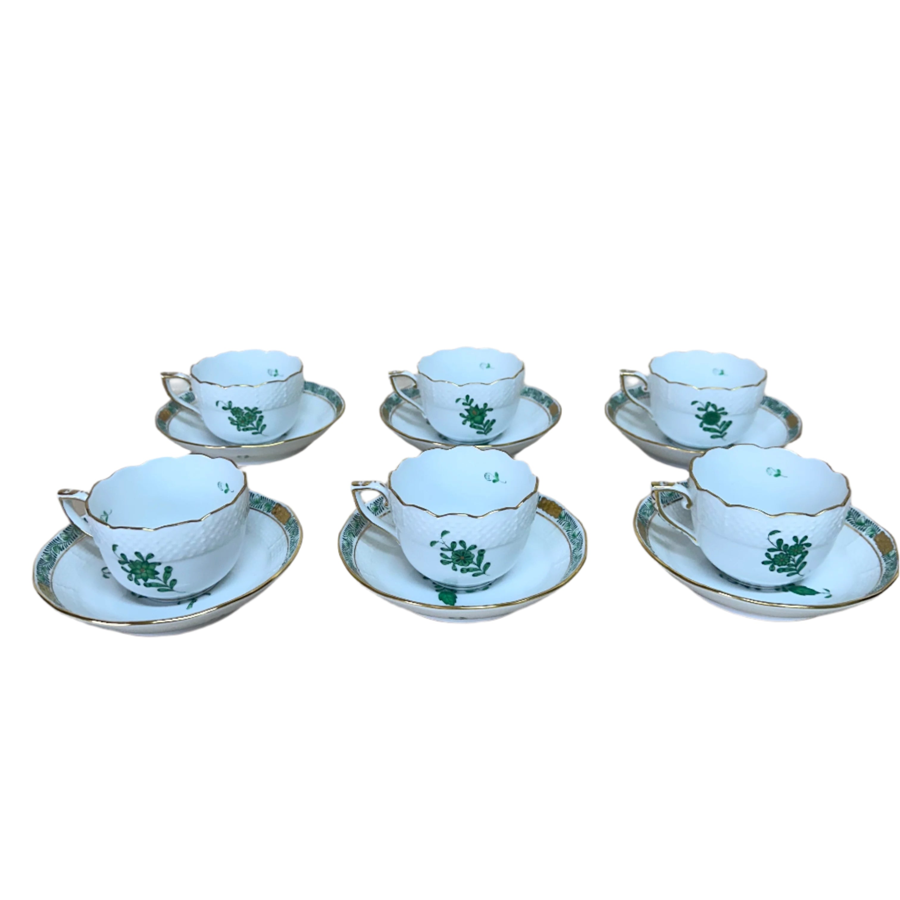 12pc Herend Chinese Bouquet Green Porcelain Flat Demitasse Cup & Saucer Set