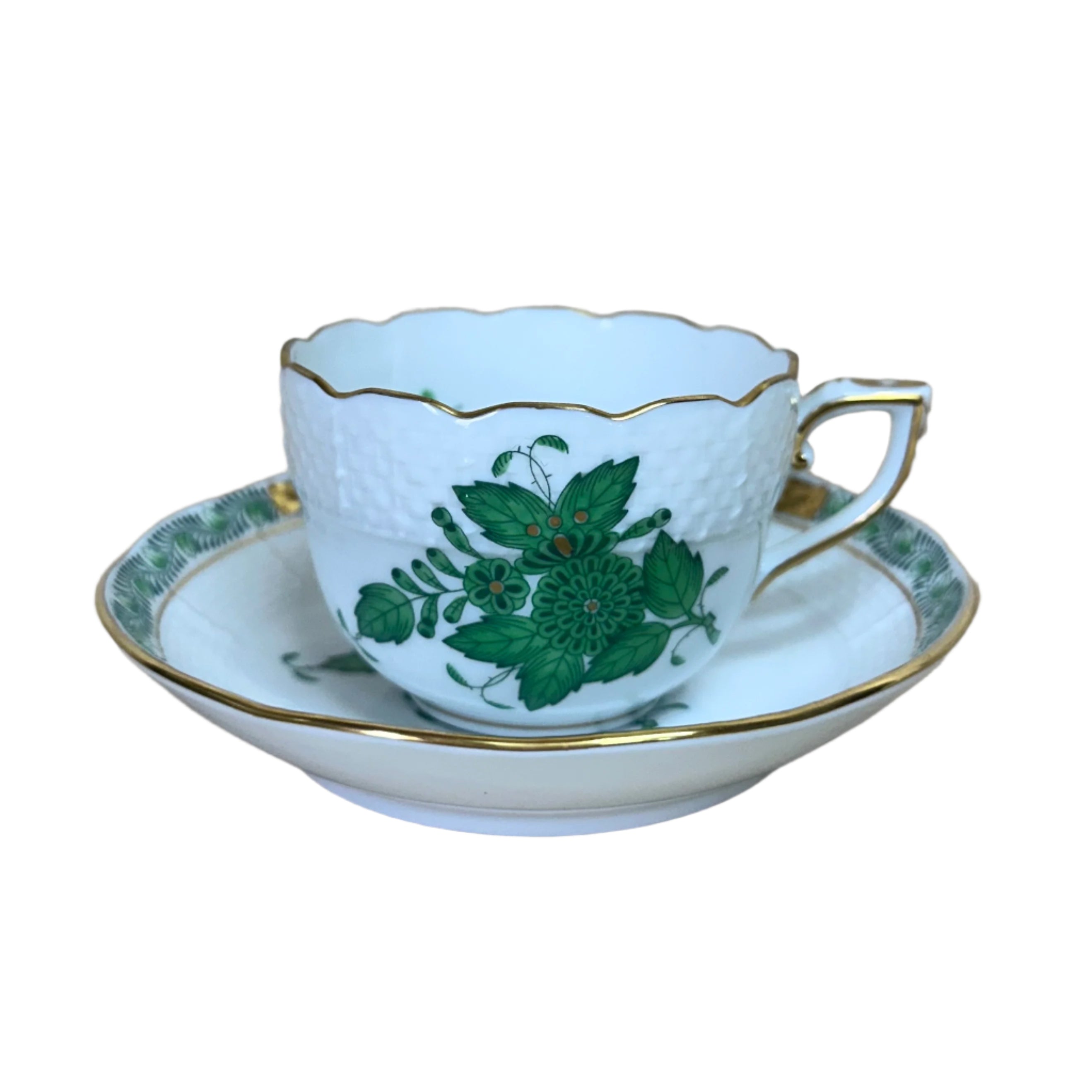 12pc Herend Chinese Bouquet Green Porcelain Flat Demitasse Cup & Saucer Set