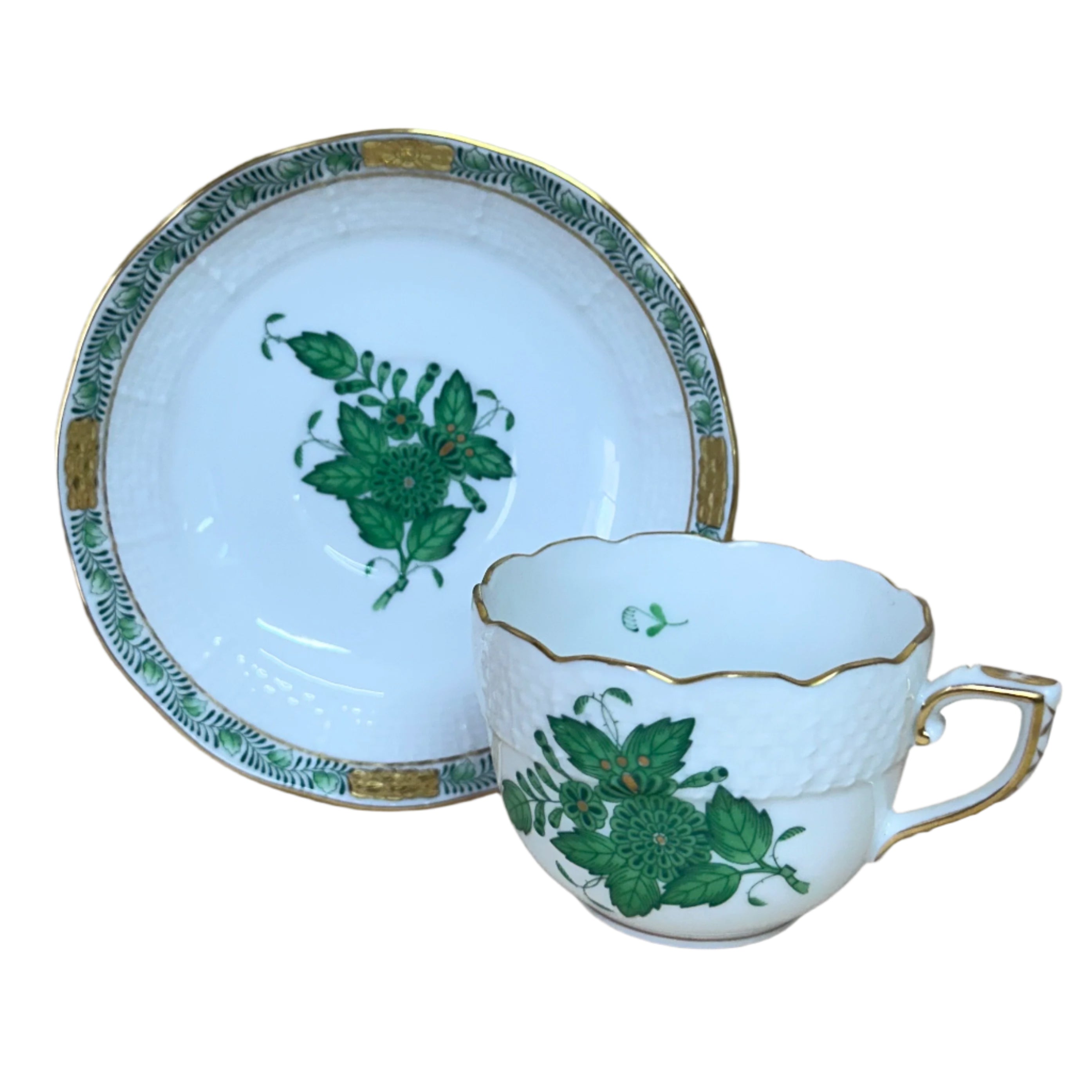 12pc Herend Chinese Bouquet Green Porcelain Flat Demitasse Cup & Saucer Set