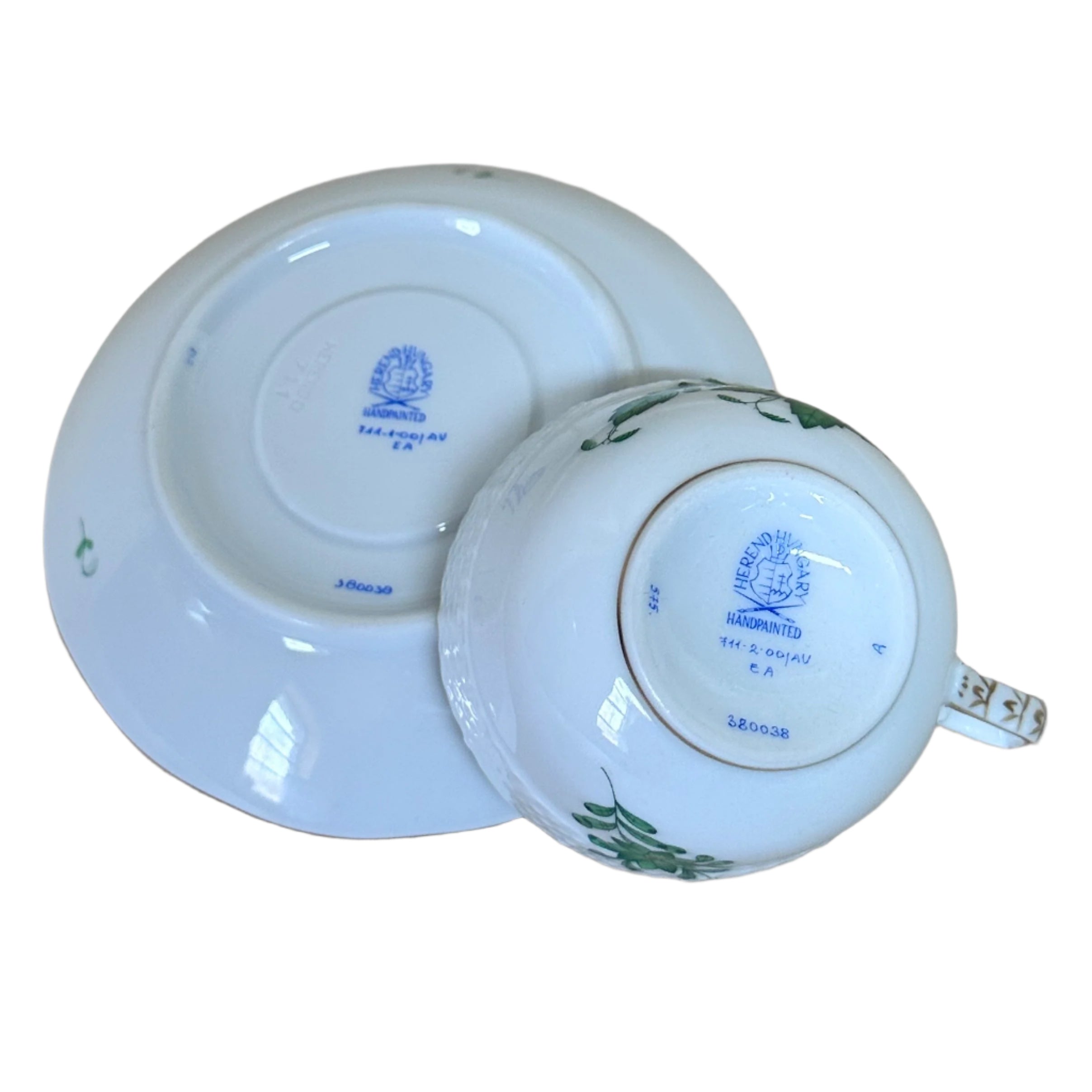 12pc Herend Chinese Bouquet Green Porcelain Flat Demitasse Cup & Saucer Set