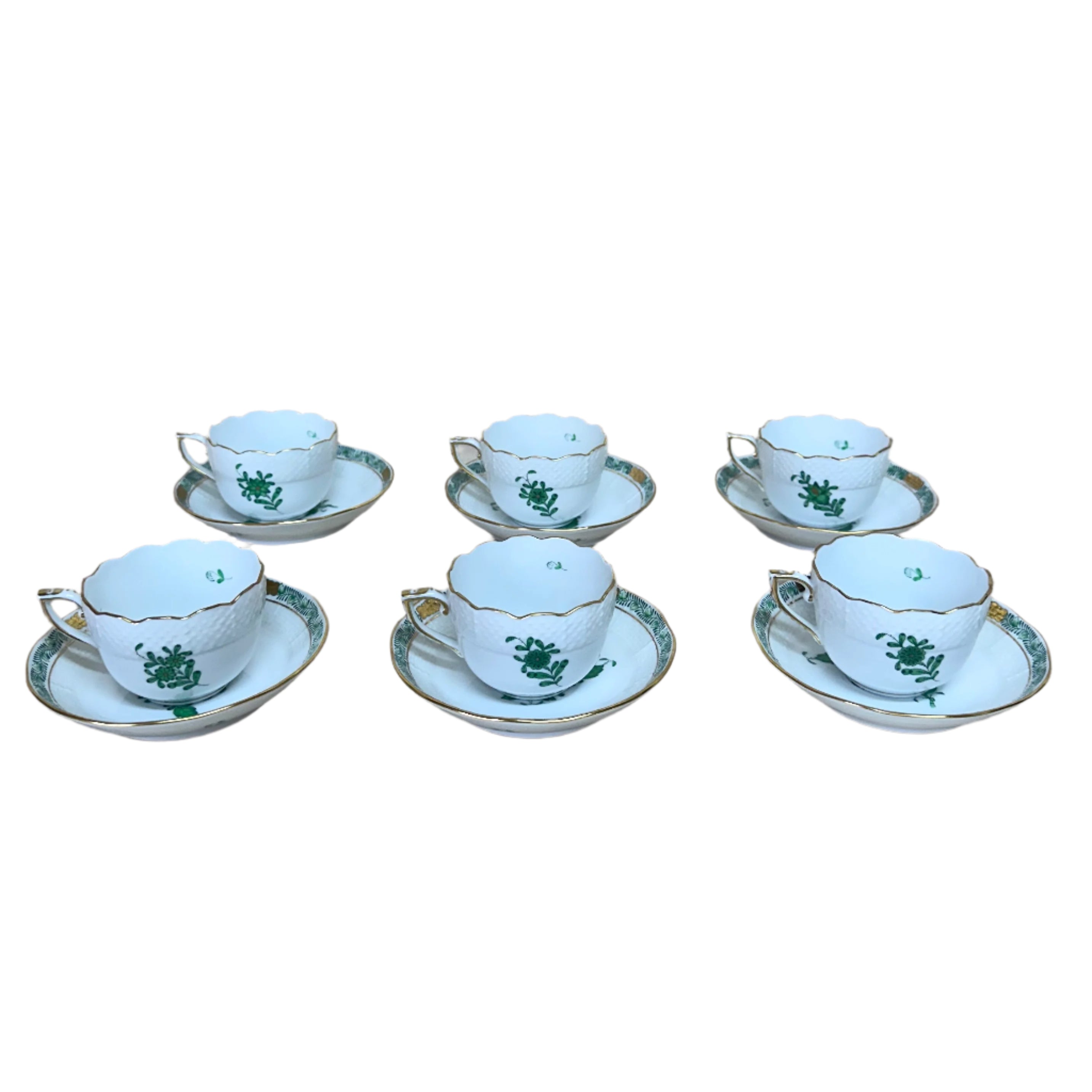 12pc Herend Chinese Bouquet Green Porcelain Flat Demitasse Cup & Saucer Set