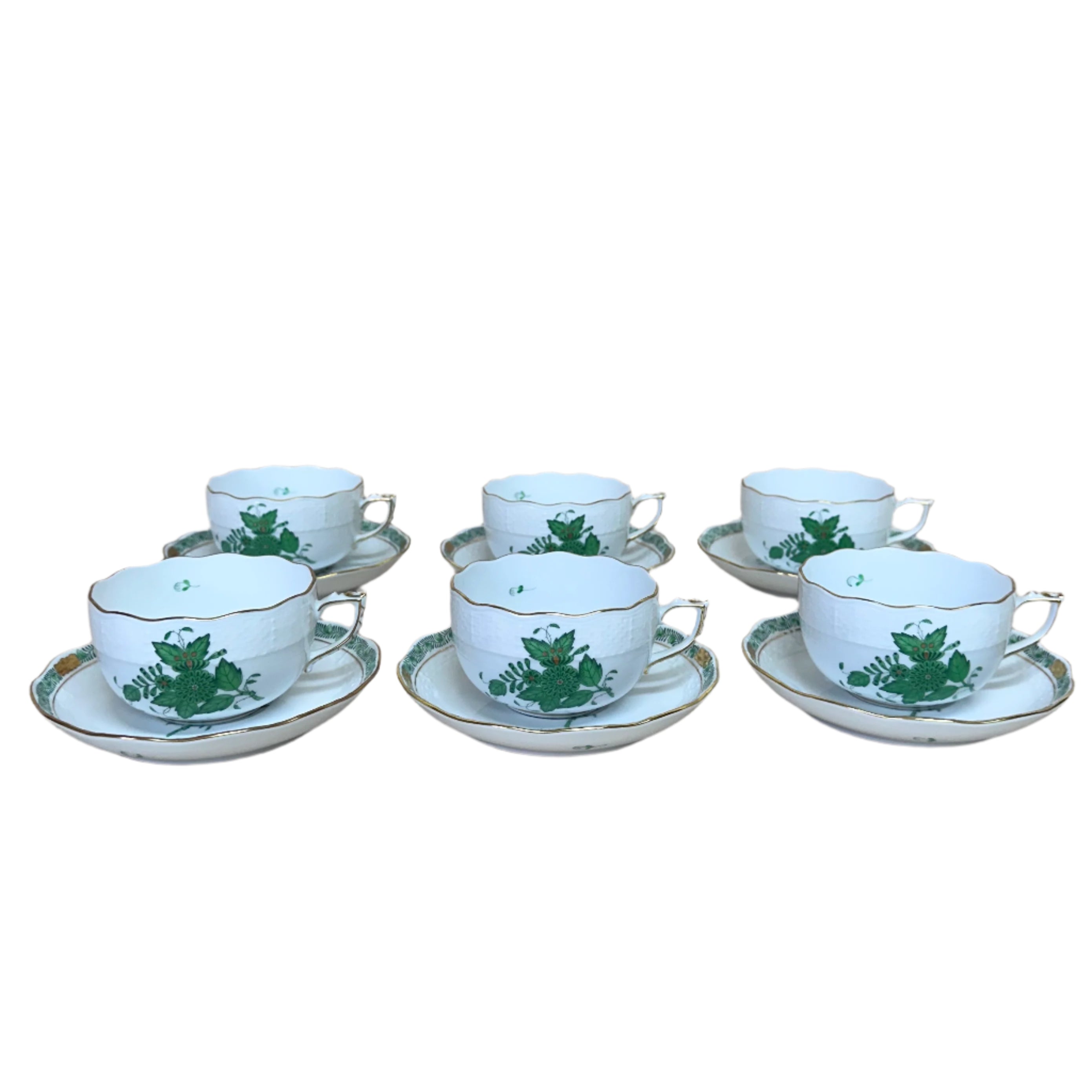 12pc Herend Porcelain Cup & Saucer Set Chinese Bouquet Green Flat 724-2-00/AV 724-1-00/AV