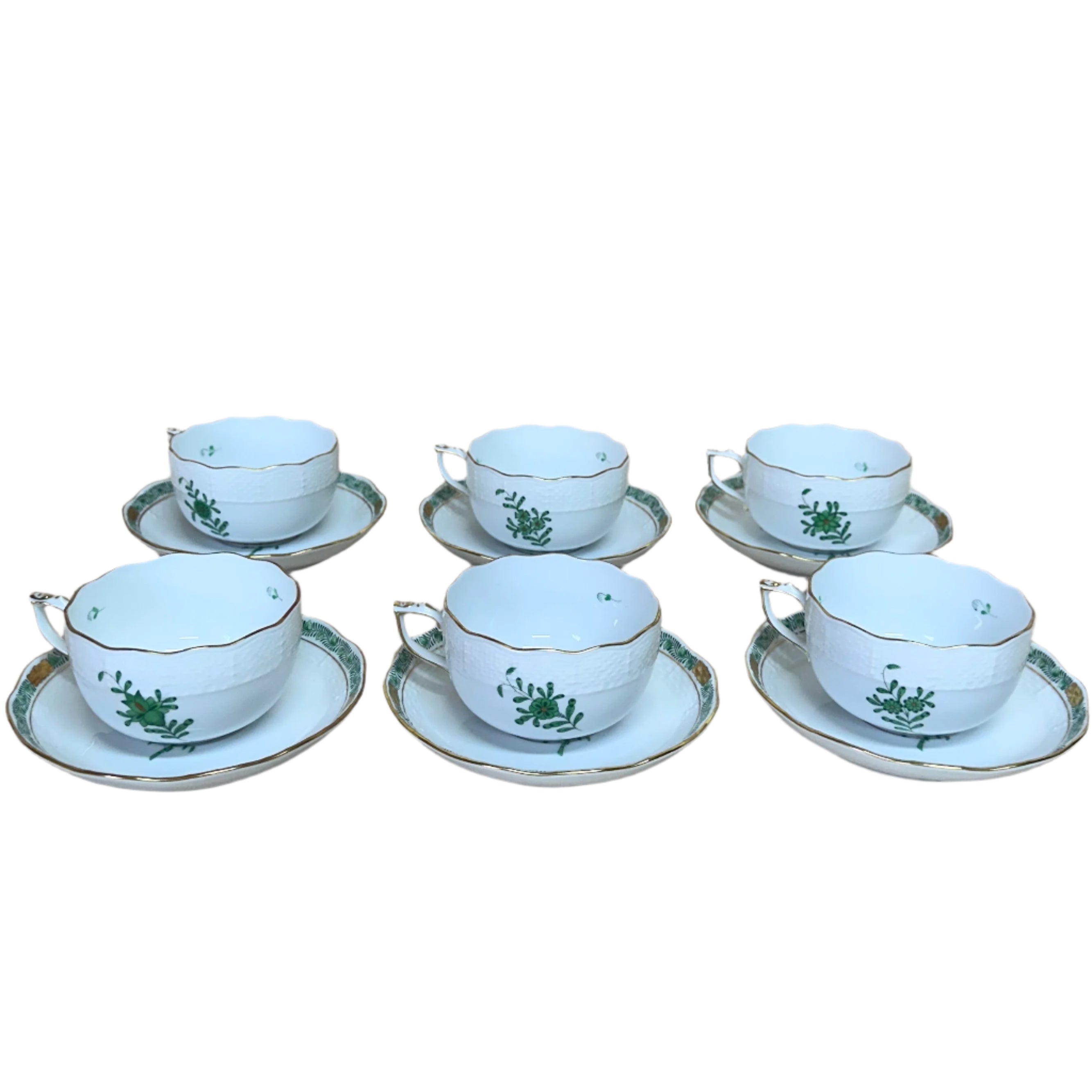 12pc Herend Porcelain Cup & Saucer Set Chinese Bouquet Green Flat 724-2-00/AV 724-1-00/AV