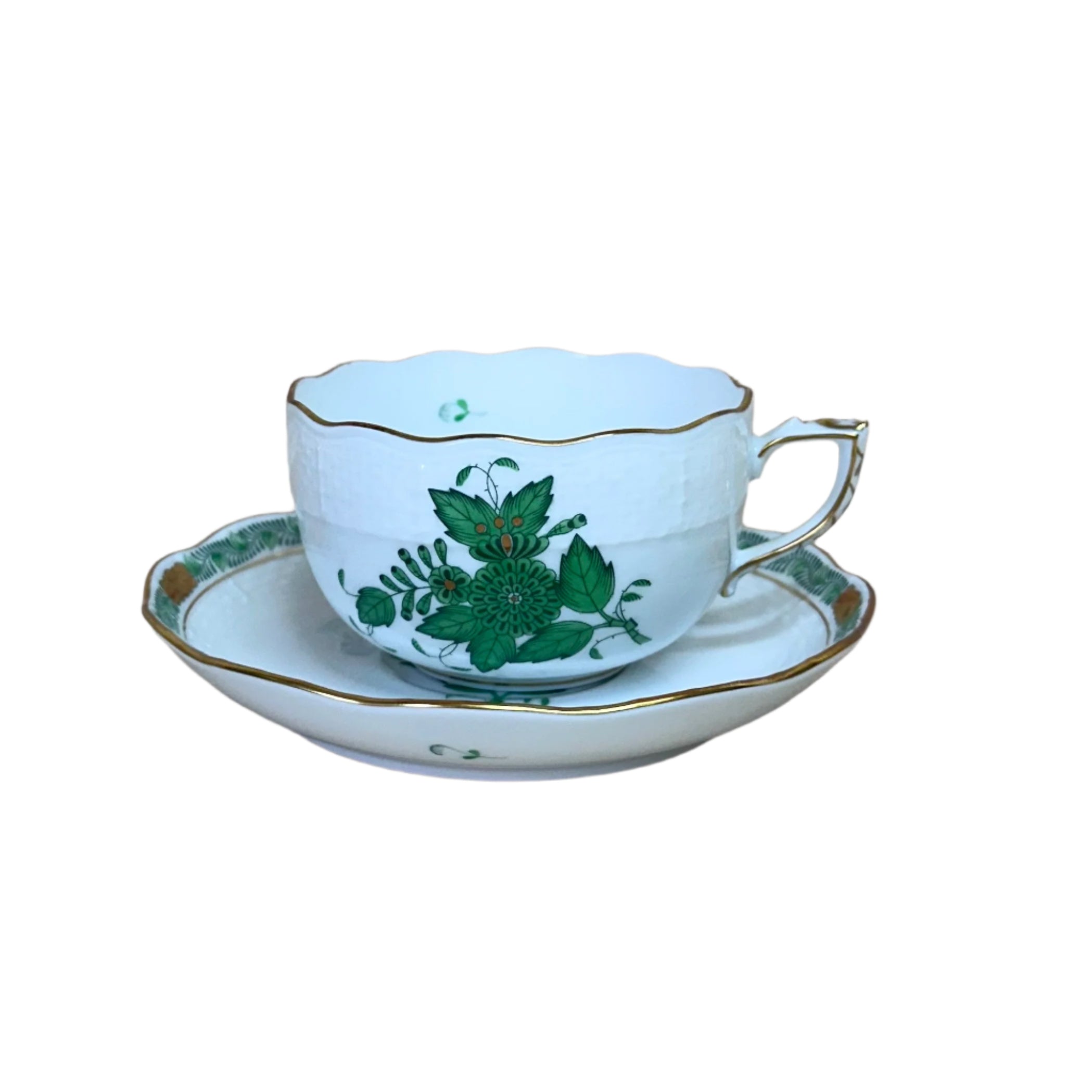 12pc Herend Porcelain Cup & Saucer Set Chinese Bouquet Green Flat 724-2-00/AV 724-1-00/AV