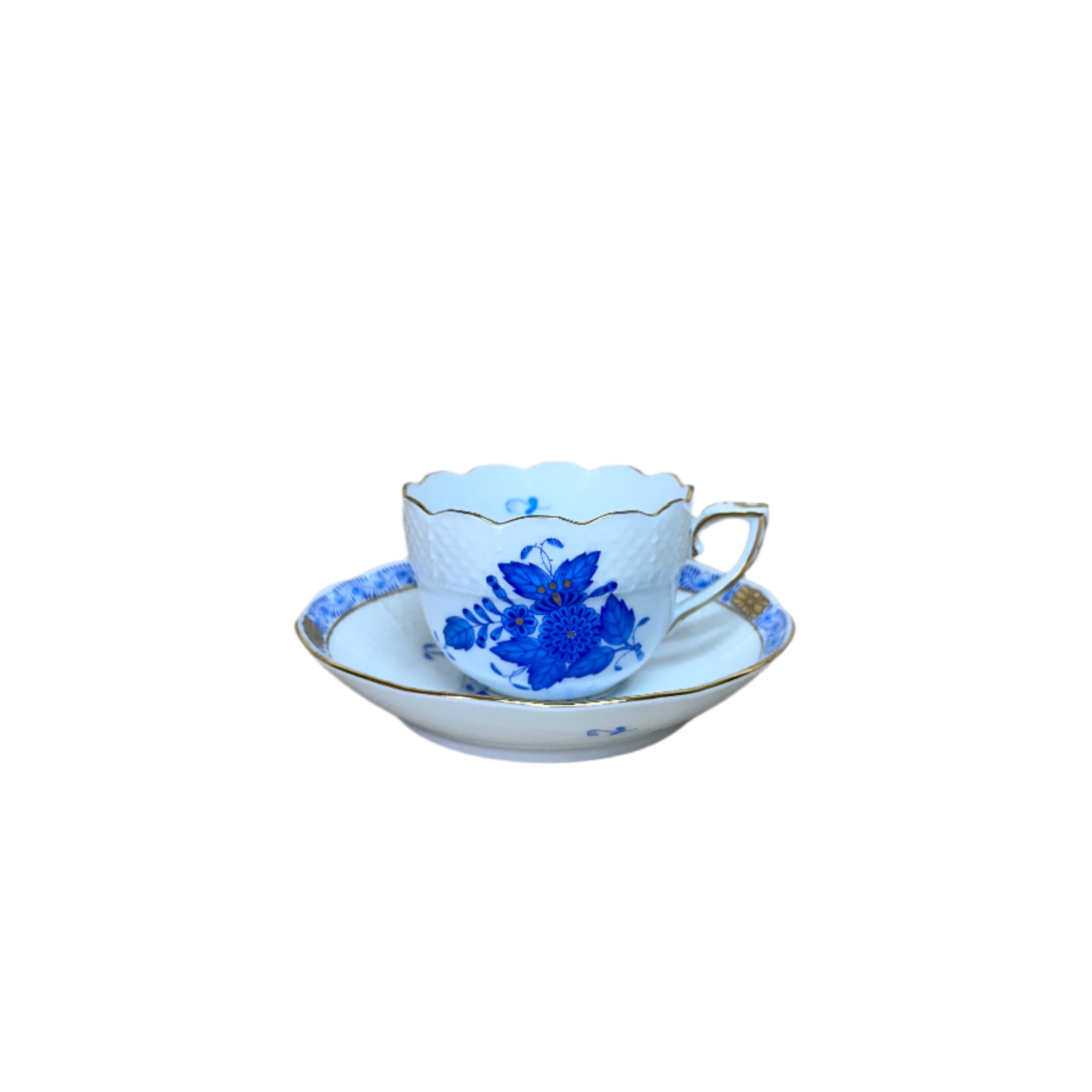 Herend Porcelain Flat Demitasse Cup & Saucer Set Chinese Bouquet Blue 711-2-00/AB 711-1-00/AB