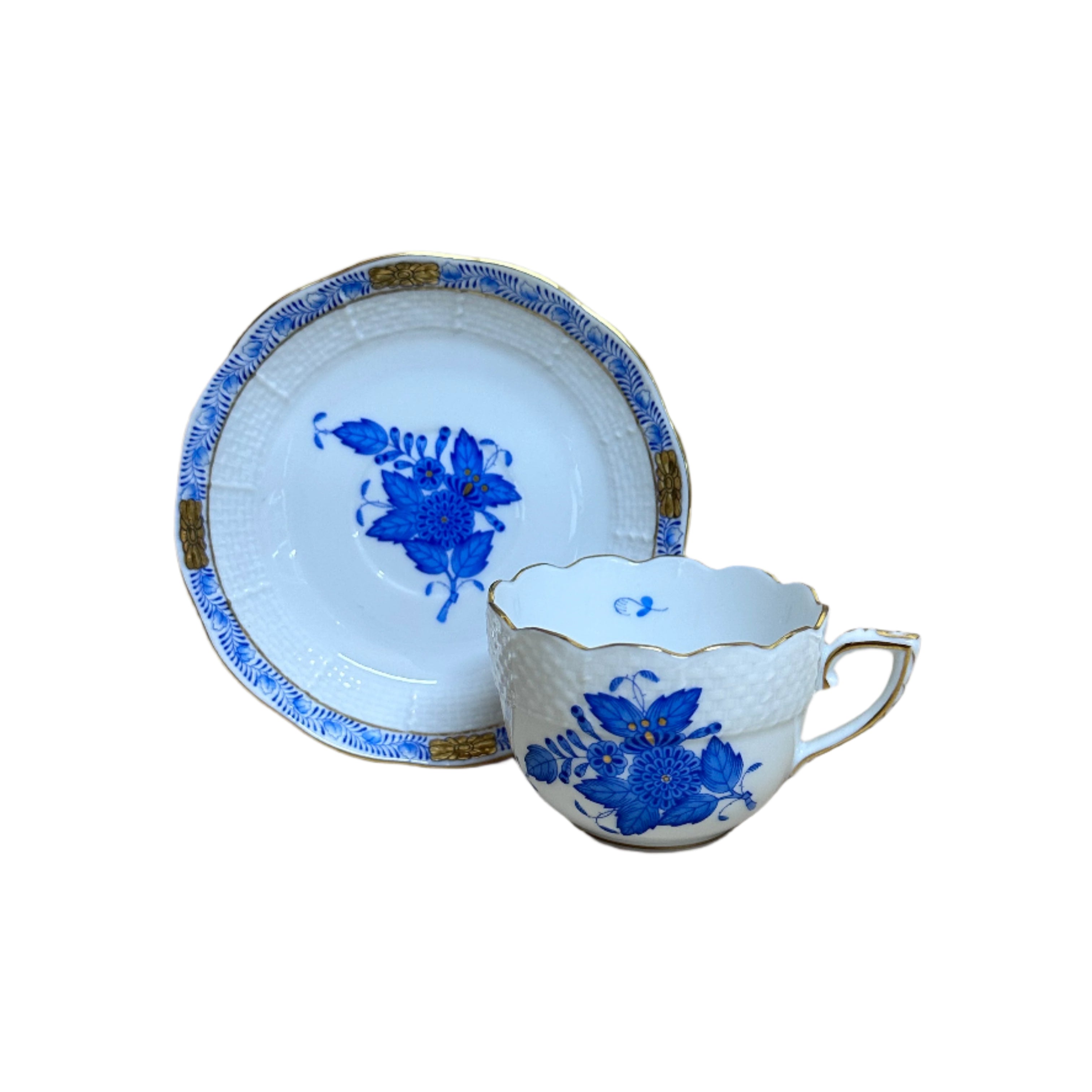 Herend Porcelain Flat Demitasse Cup & Saucer Set Chinese Bouquet Blue 711-2-00/AB 711-1-00/AB