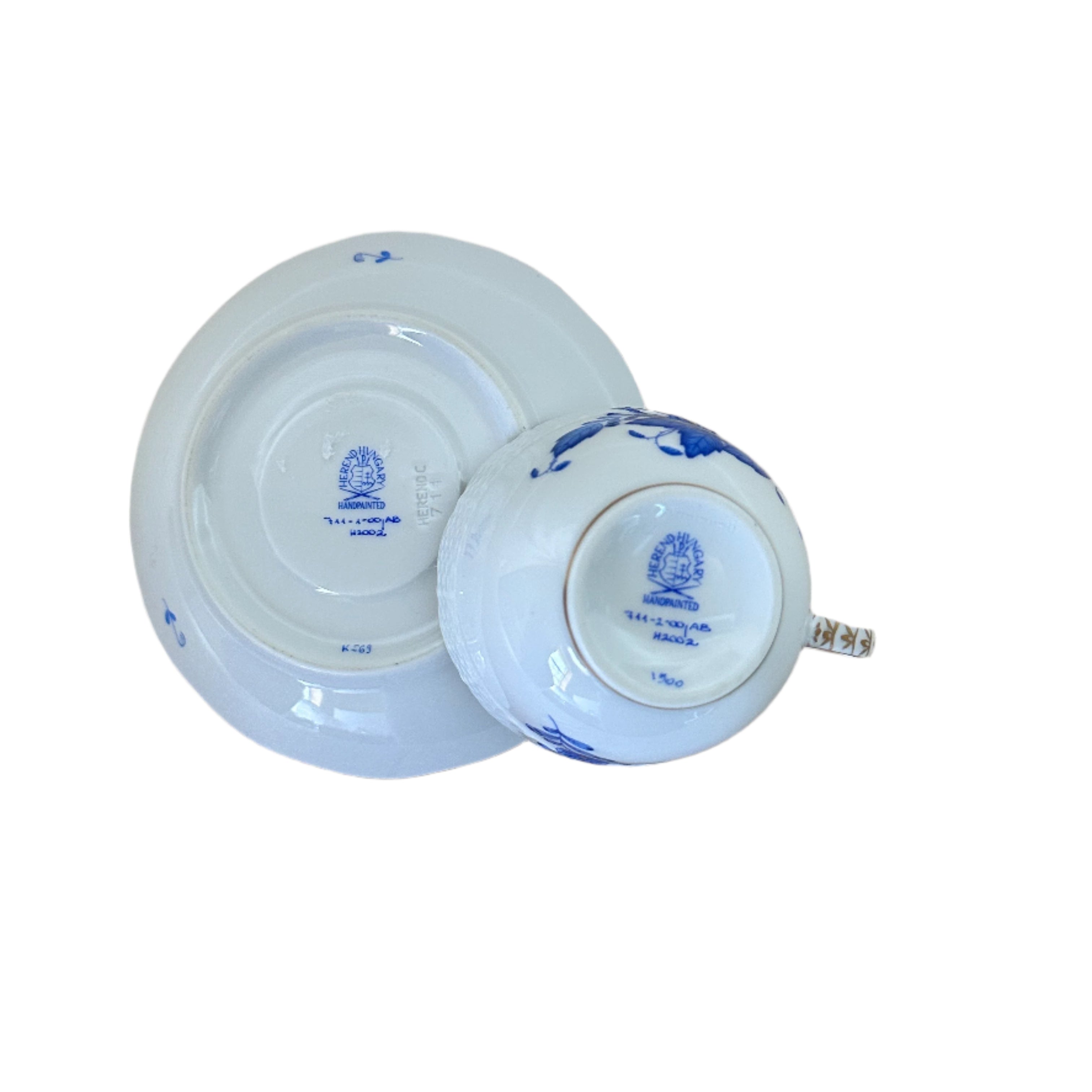 Herend Porcelain Flat Demitasse Cup & Saucer Set Chinese Bouquet Blue 711-2-00/AB 711-1-00/AB