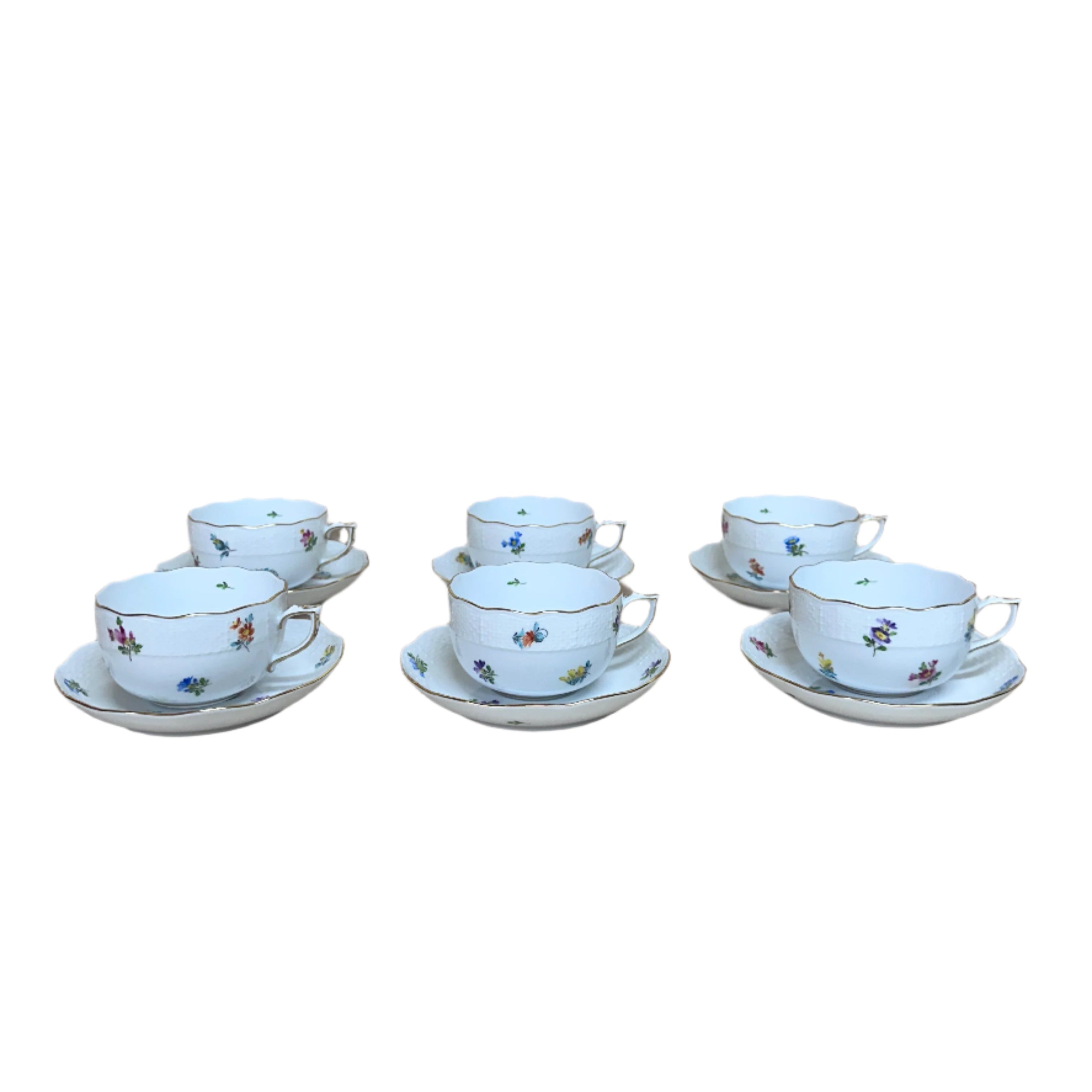 Herend Porcelain Flat Cup & Saucer Thousand Flowers Set for 6
