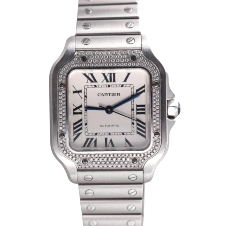 Santos de Cartier Medium Model Diamond Automatic Steel Watch W4SA0005