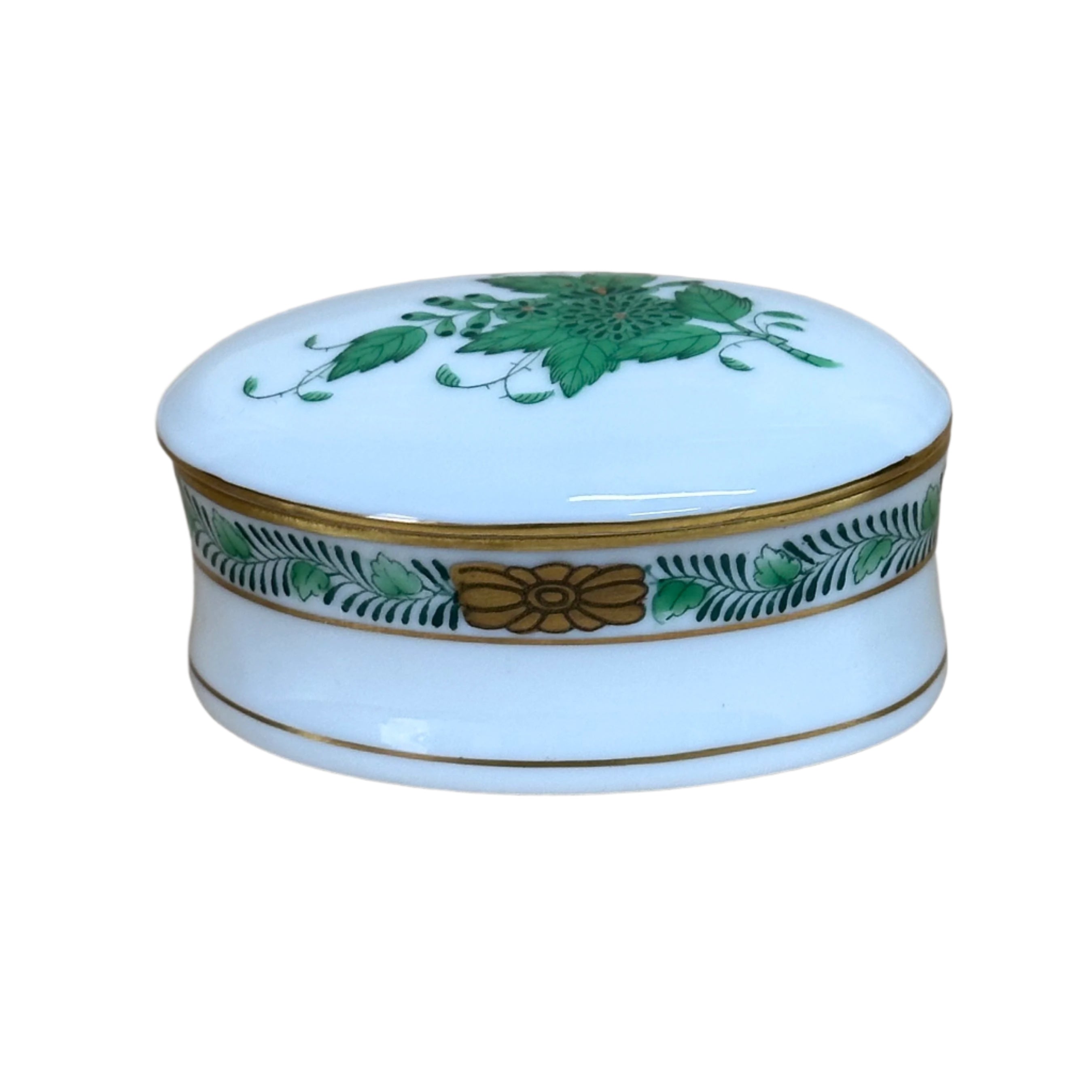 Herend Porcelain Miniature Small Oval Trinket Box & Lid Chinese Bouquet Green 6113/AV