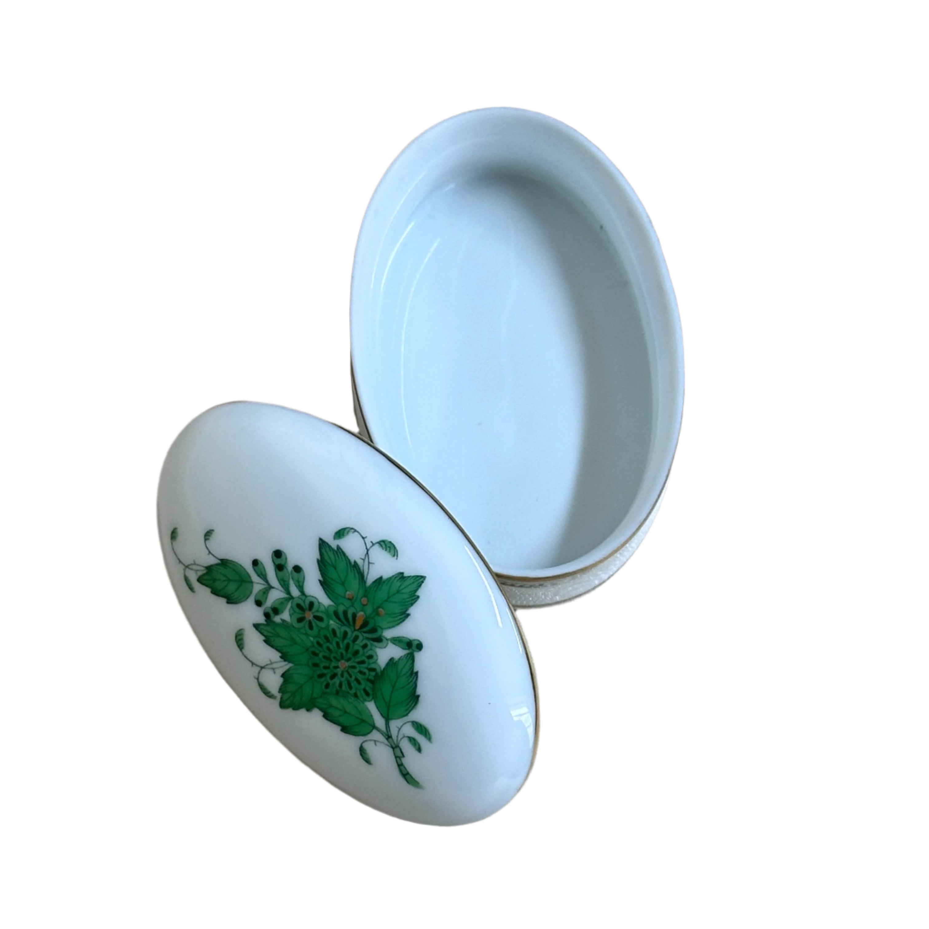 Herend Porcelain Miniature Small Oval Trinket Box & Lid Chinese Bouquet Green 6113/AV