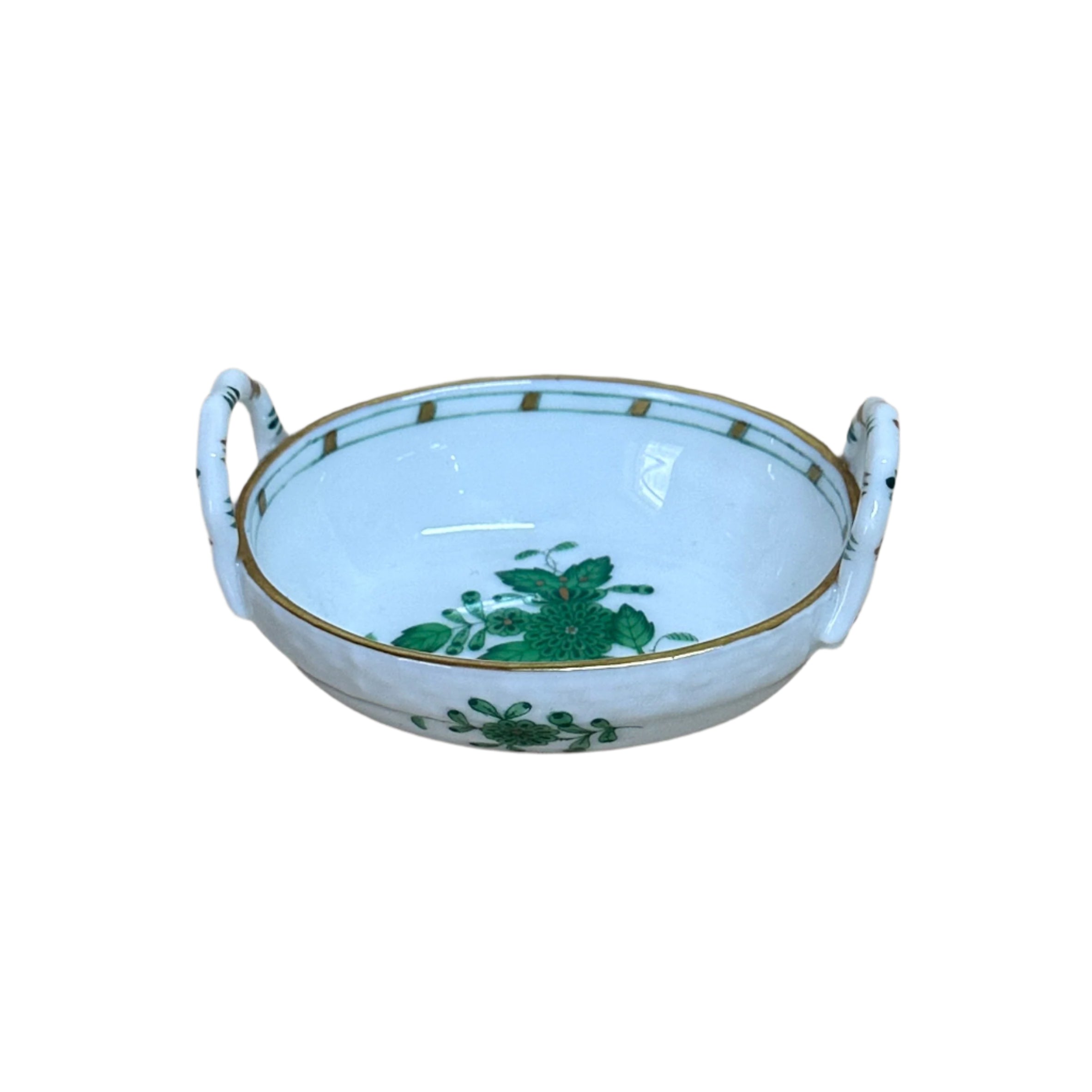 Herend Chinese Bouquet Green Porcelain Miniature Small Oval Handled Basket 7423-0-00/AV