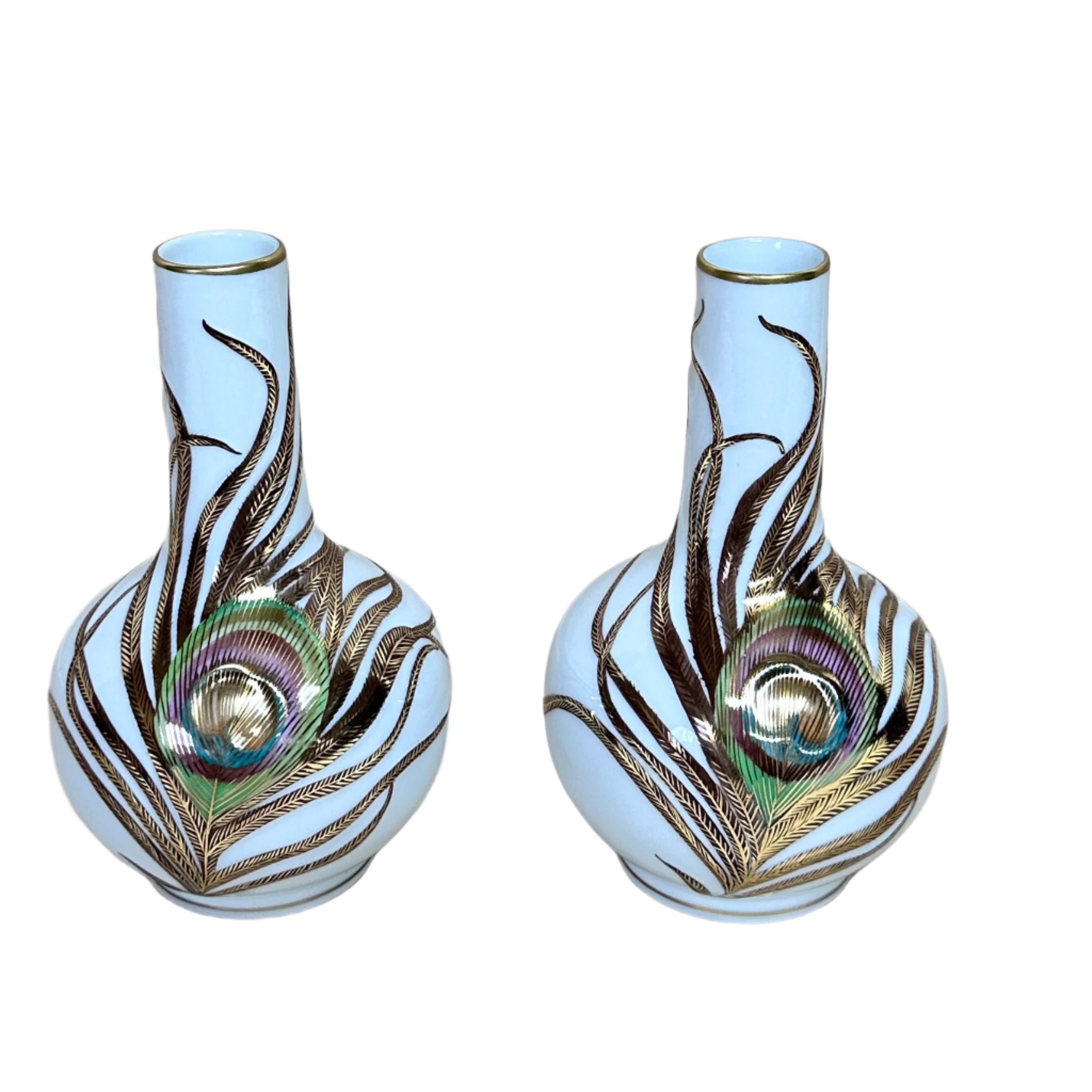 Pair Of Herend Porcelain Peacock Vase 7148/C