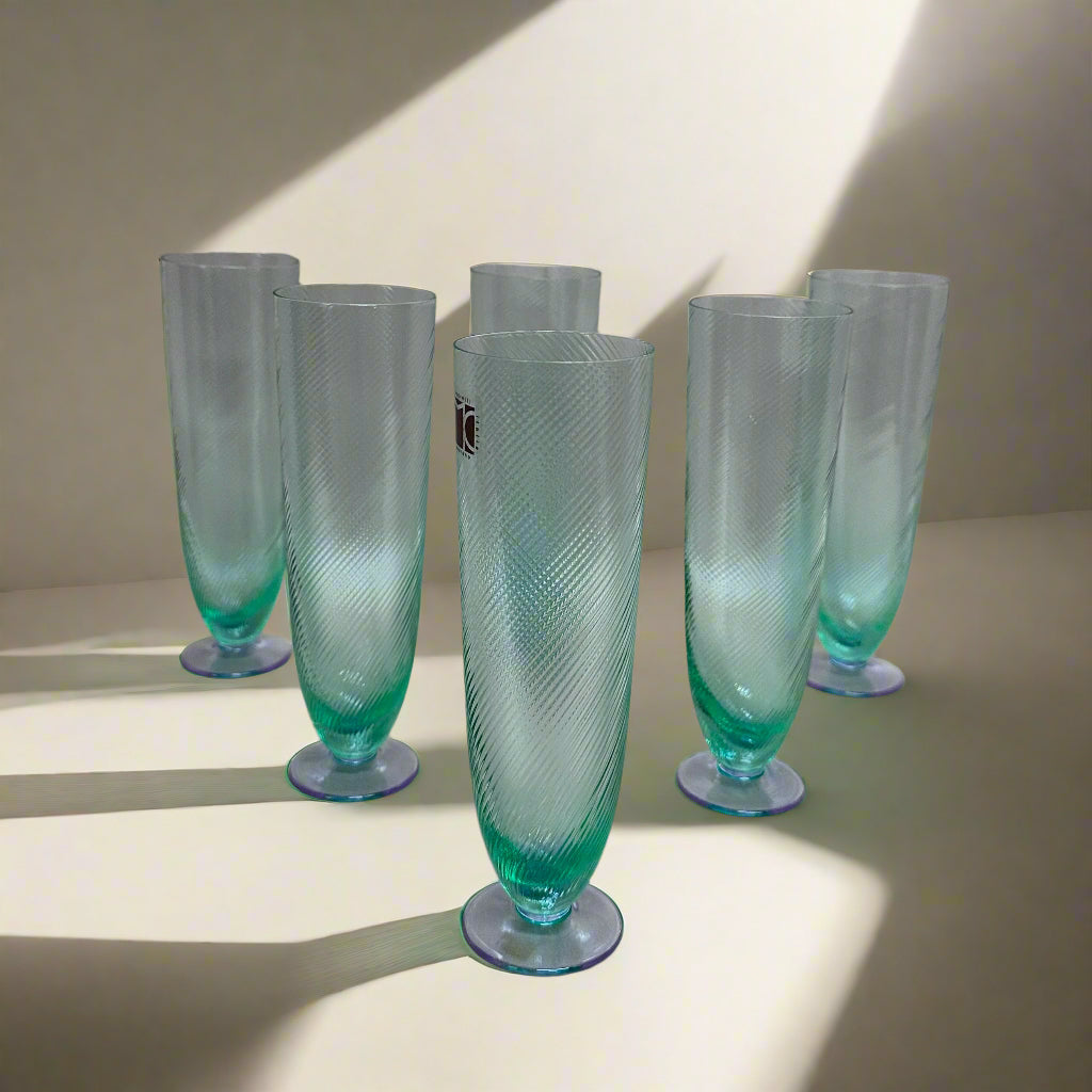 Moretti Murano Green Purple Champagne Flutes Glass Set of 6