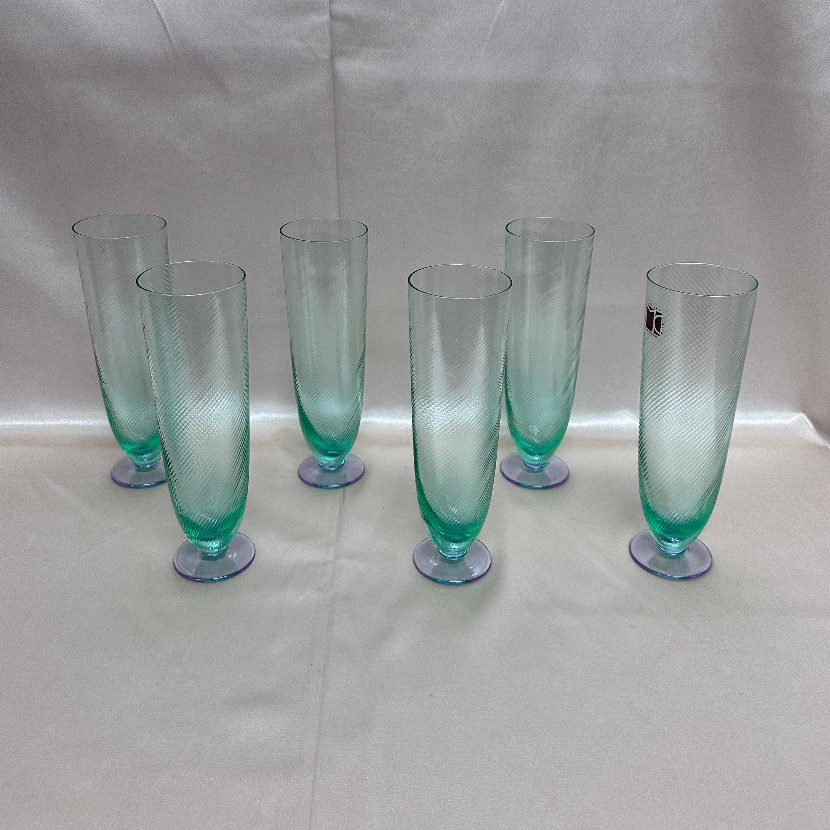Moretti Murano Green Purple Champagne Flutes Glass Set of 6