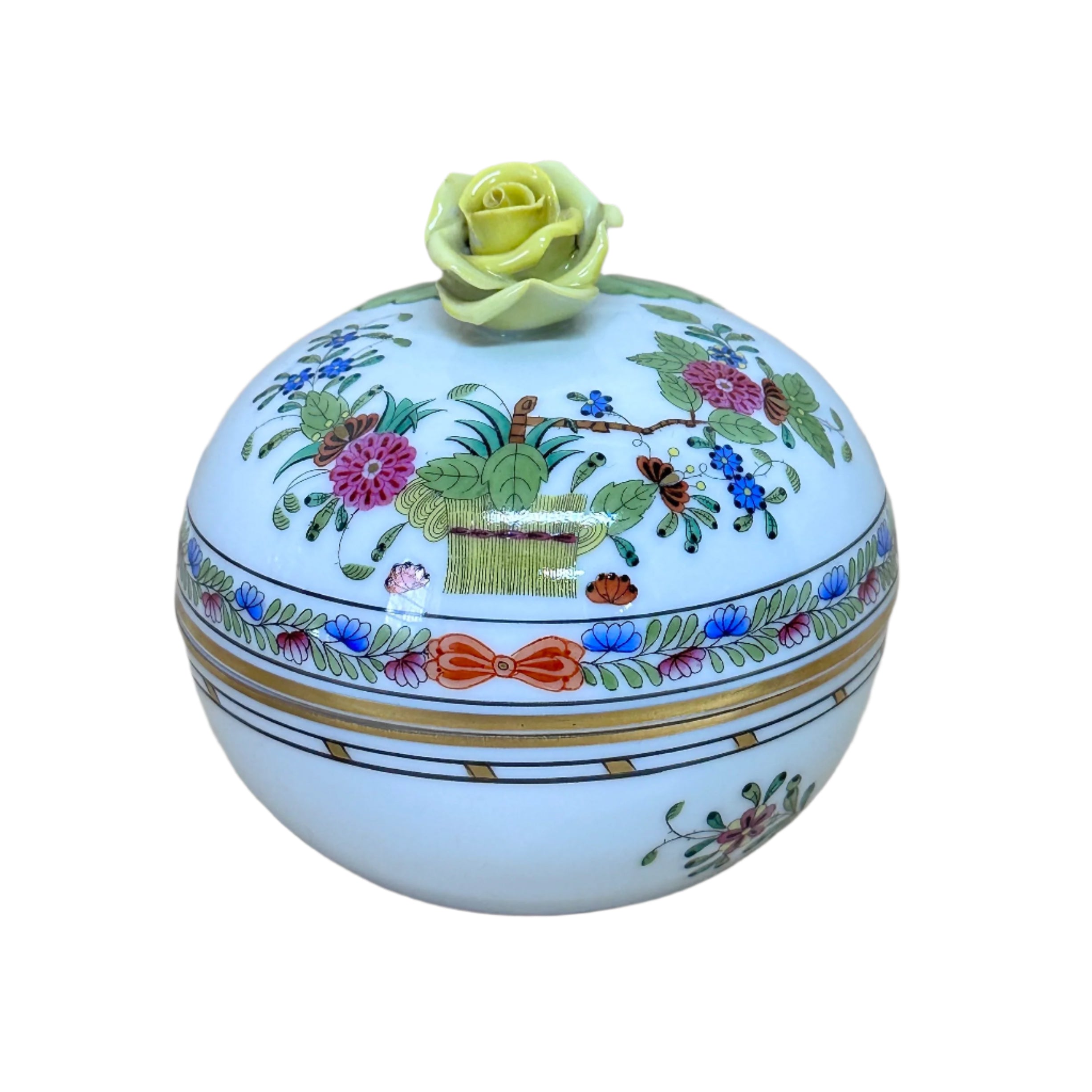 Herend Indian Basket Yellow Rose Porcelain Box & Lid 6152/FD