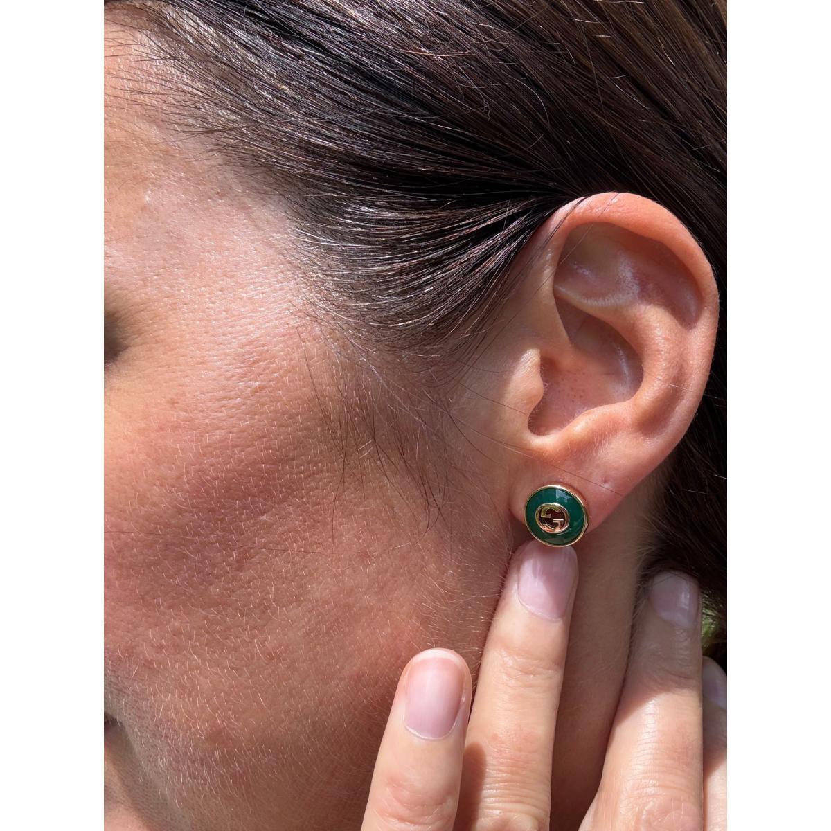 Gucci Interlocking G 18K Gold Green Agate Stud Earrings