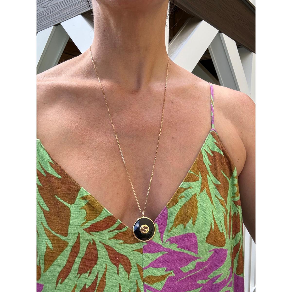 Gucci Interlocking G 18k Gold Diamond Onyx Pendant Chain Necklace