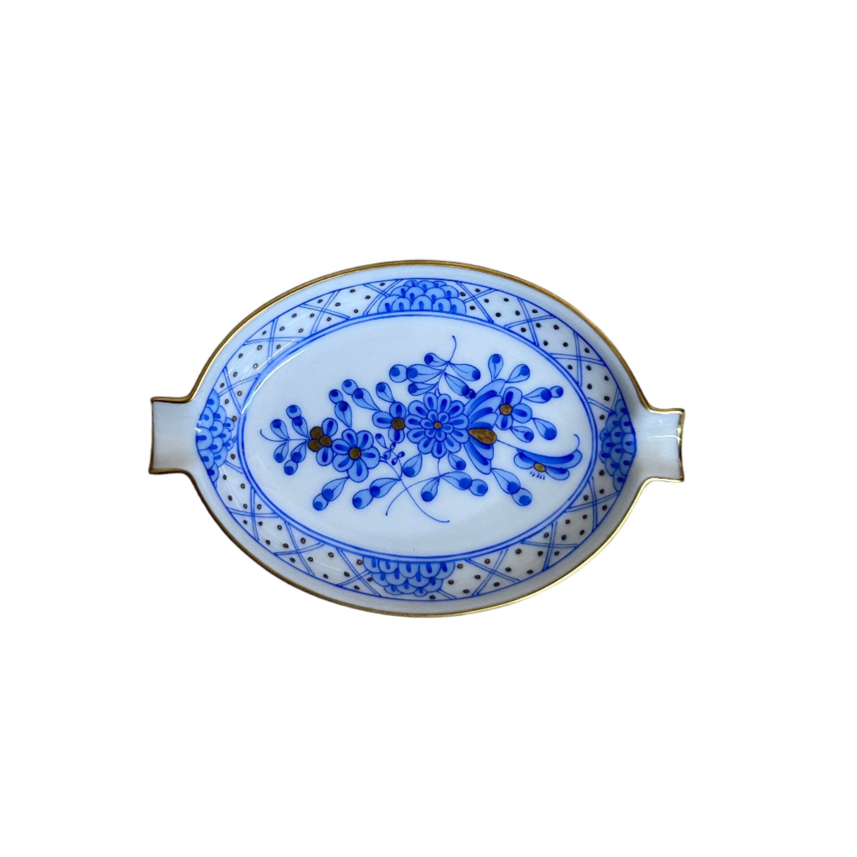 Herend Waldstein Blue Porcelain Small Oval Ashtray Pin Tray Dish 7784/WB