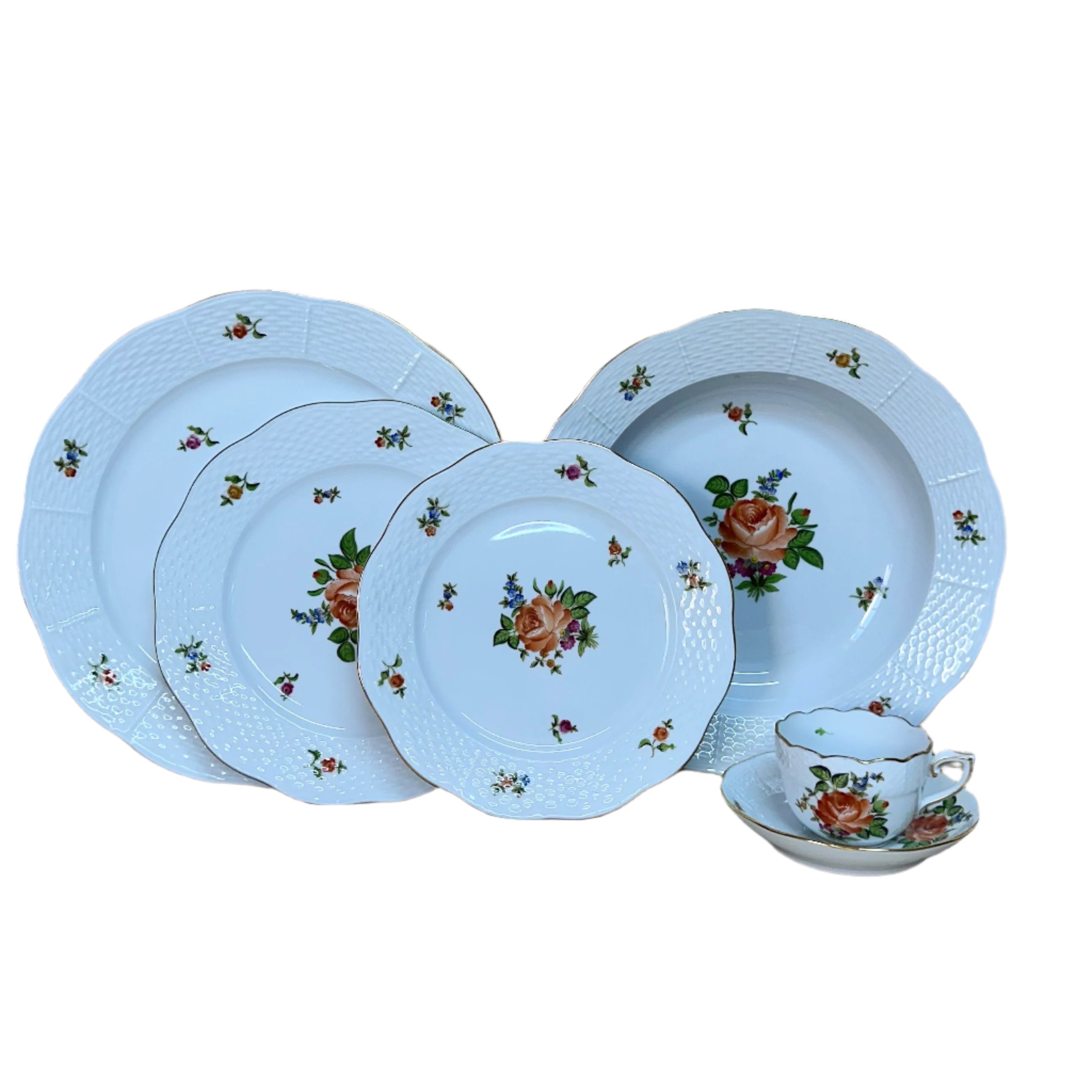 6 pc Herend Small Bunch of Roses Porcelain Dinner Place Setting