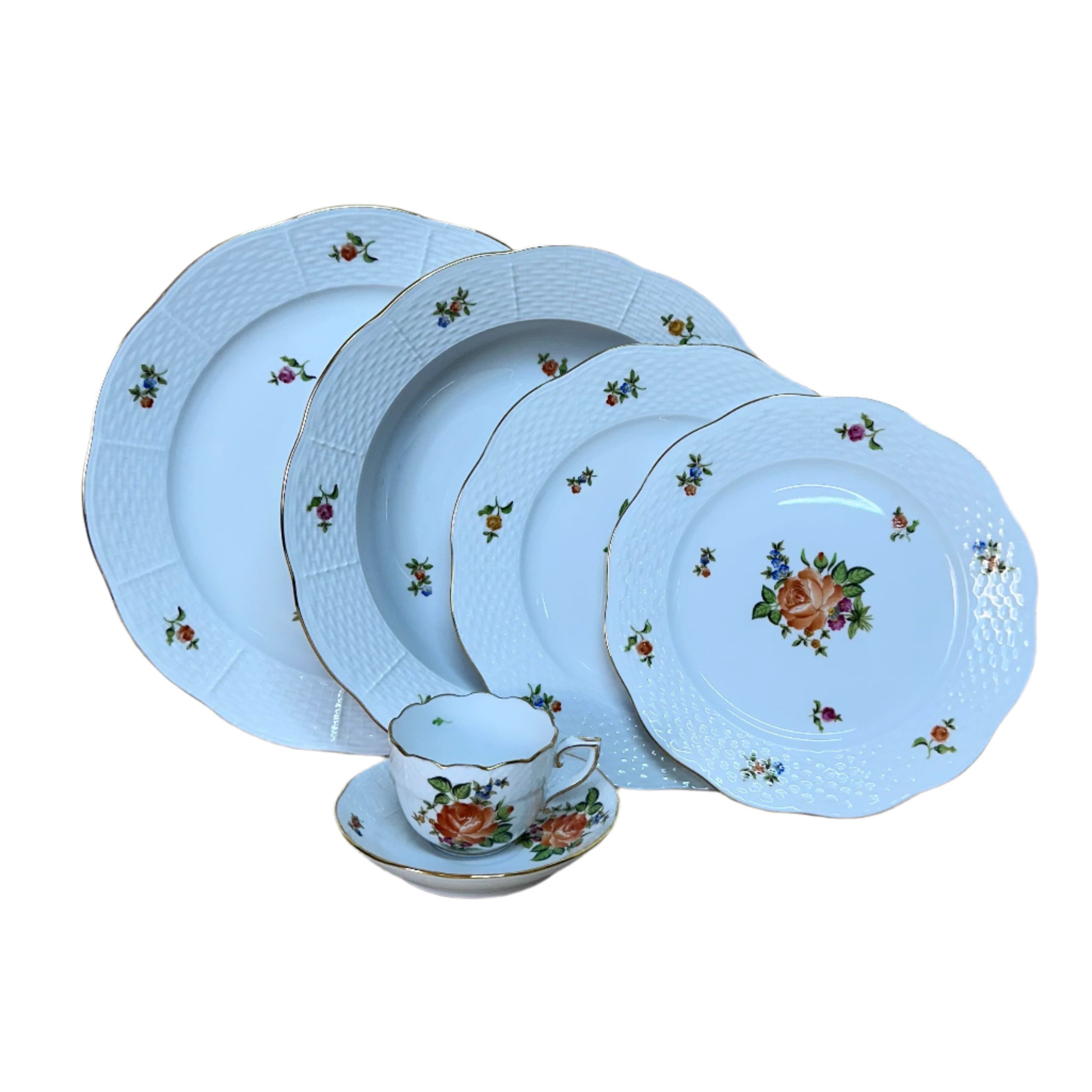 6 pc Herend Small Bunch of Roses Porcelain Dinner Place Setting