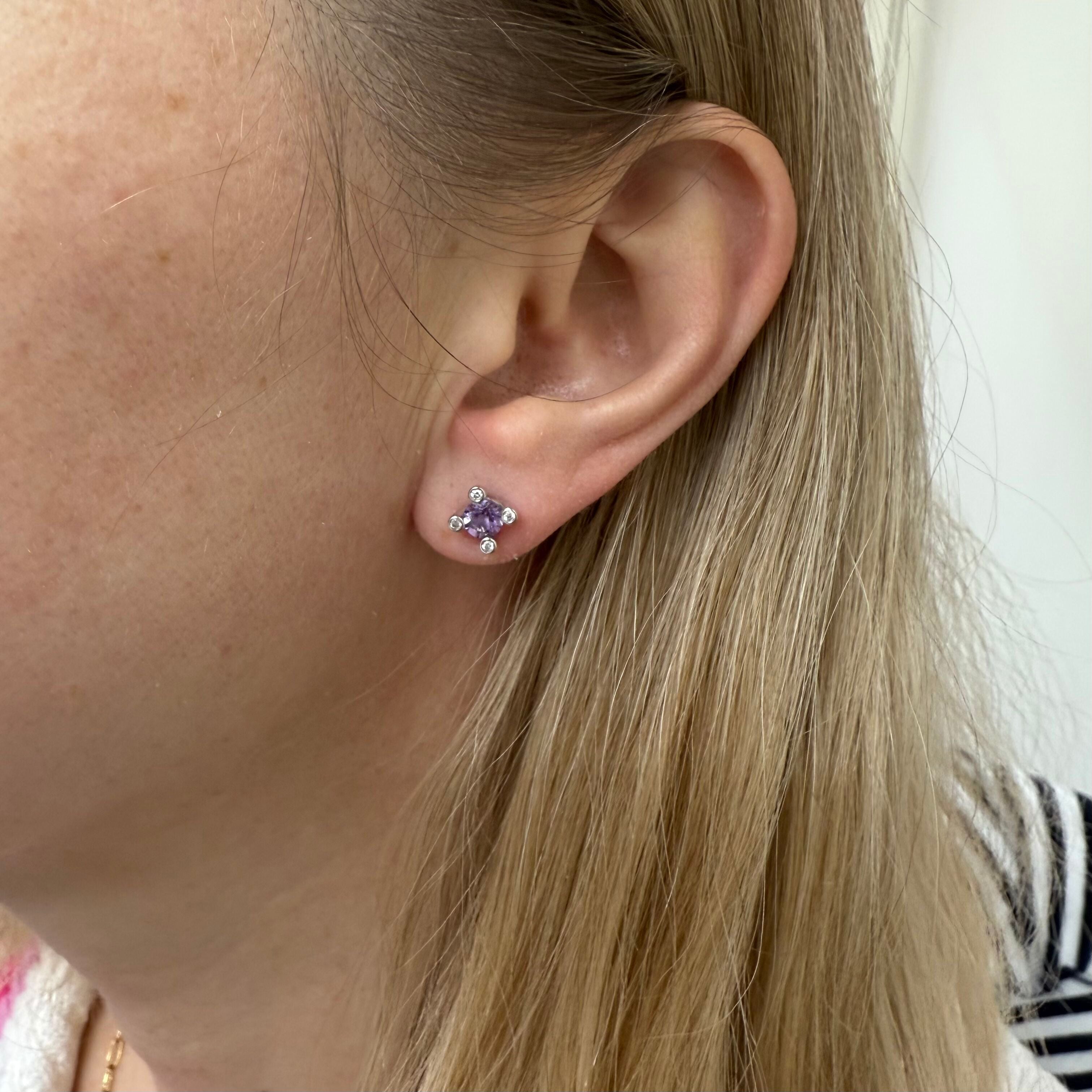 Bucherer White Gold Diamond Amethyst Stud Earrings