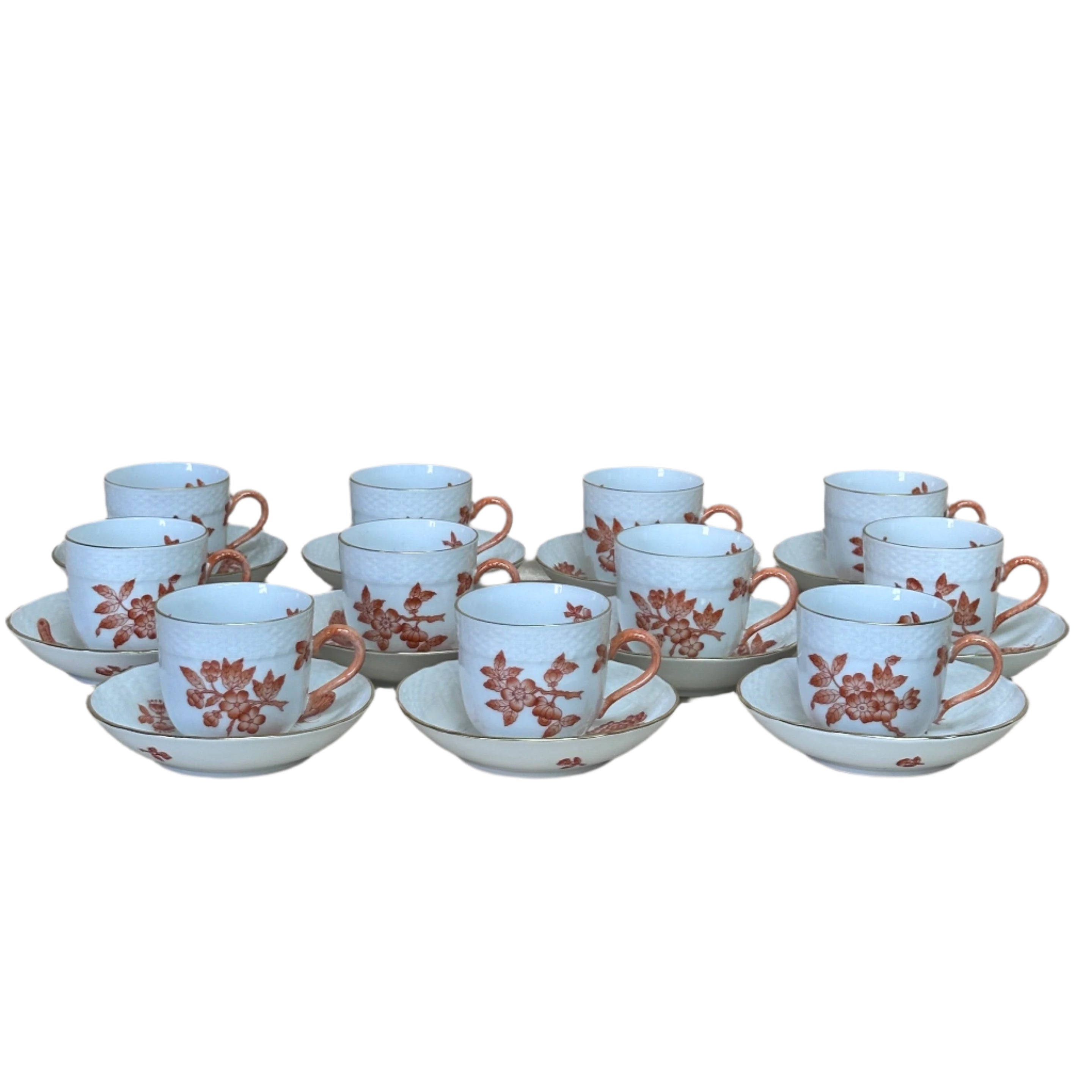 22 pc Herend Fortuna Rust Porcelain Flat Demitasse & Saucer Set 1727/VAH