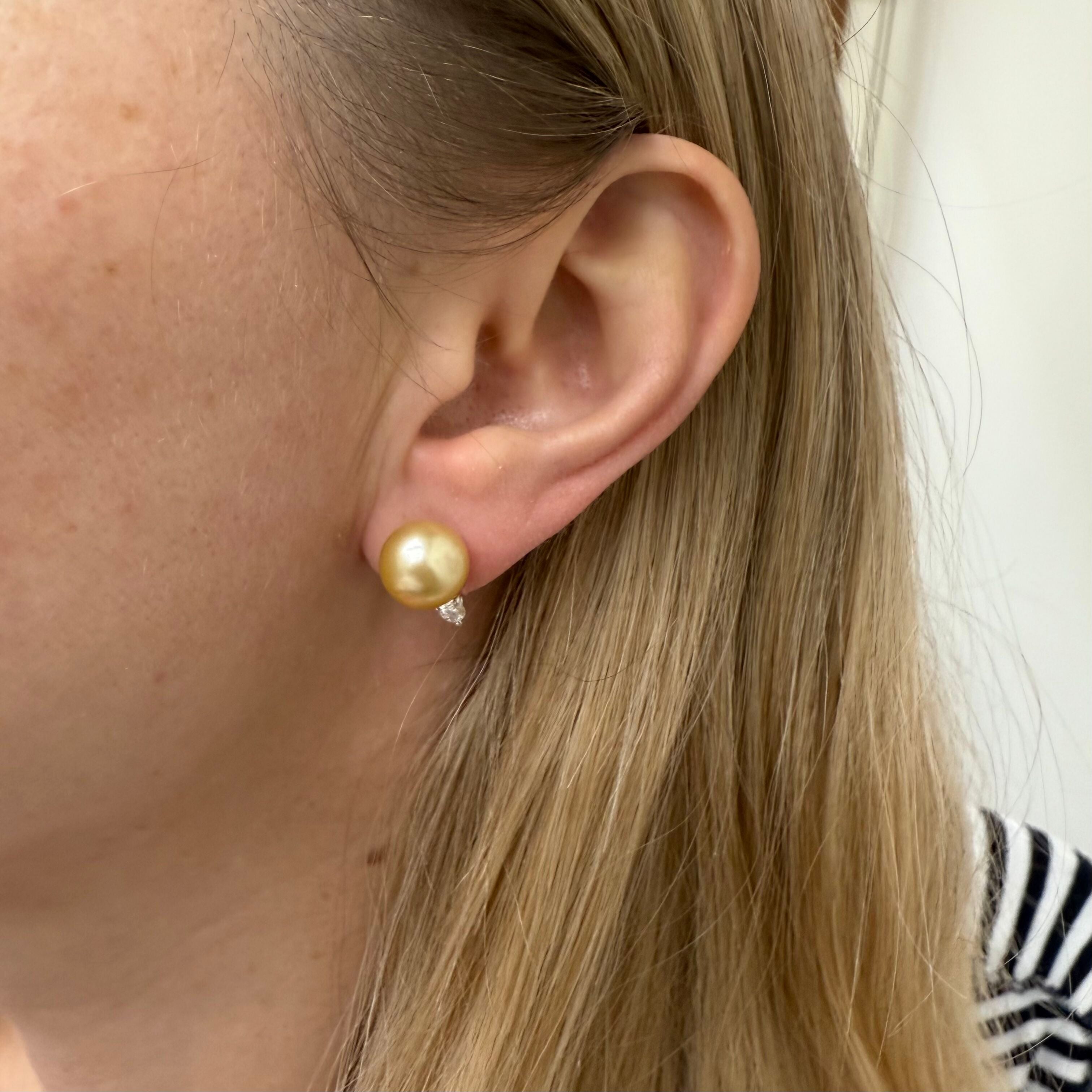 18k Gold Golden South Sea Pearl Diamond Stud Earrings