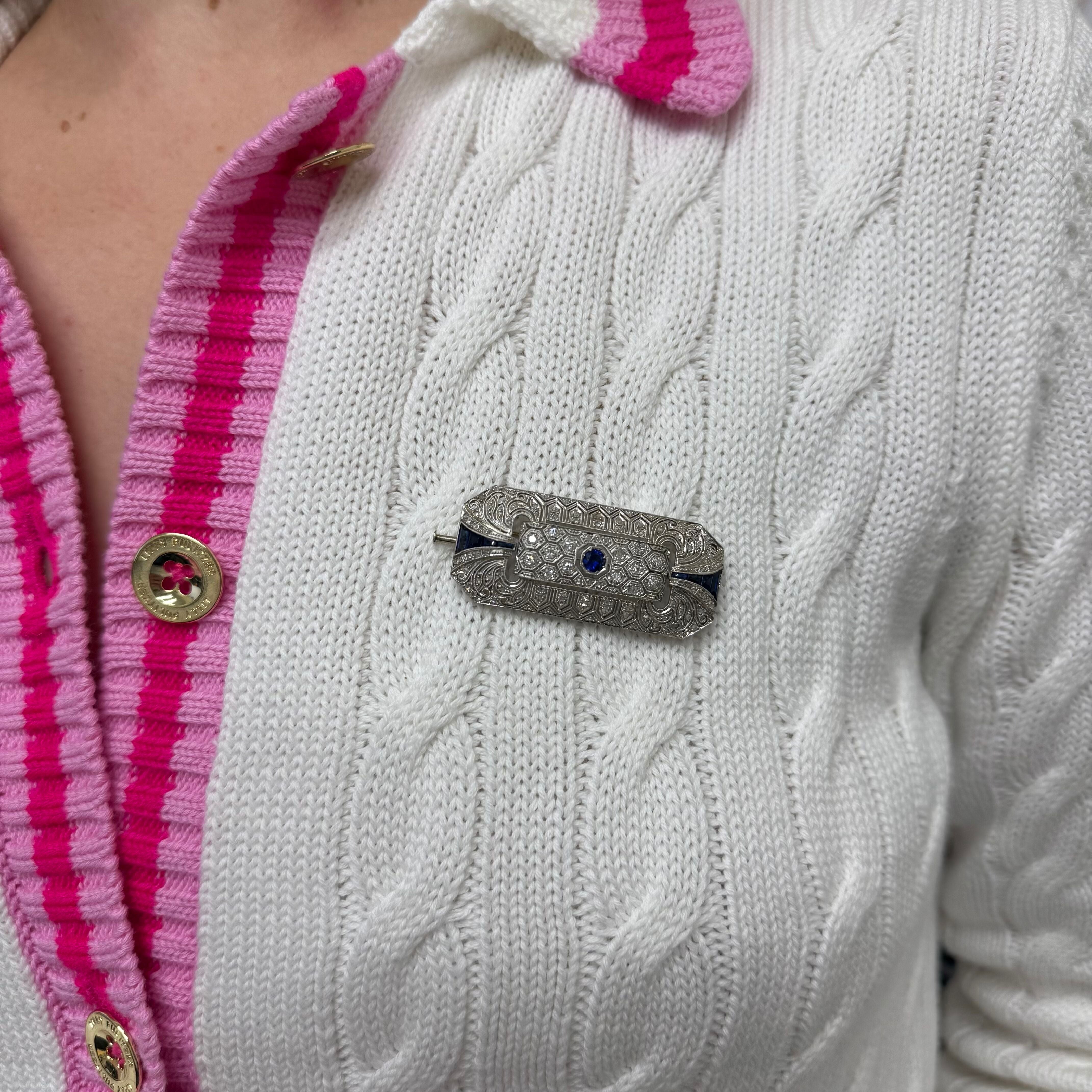 Art Deco Filigree 18k Gold Diamond Sapphire Brooch Pin