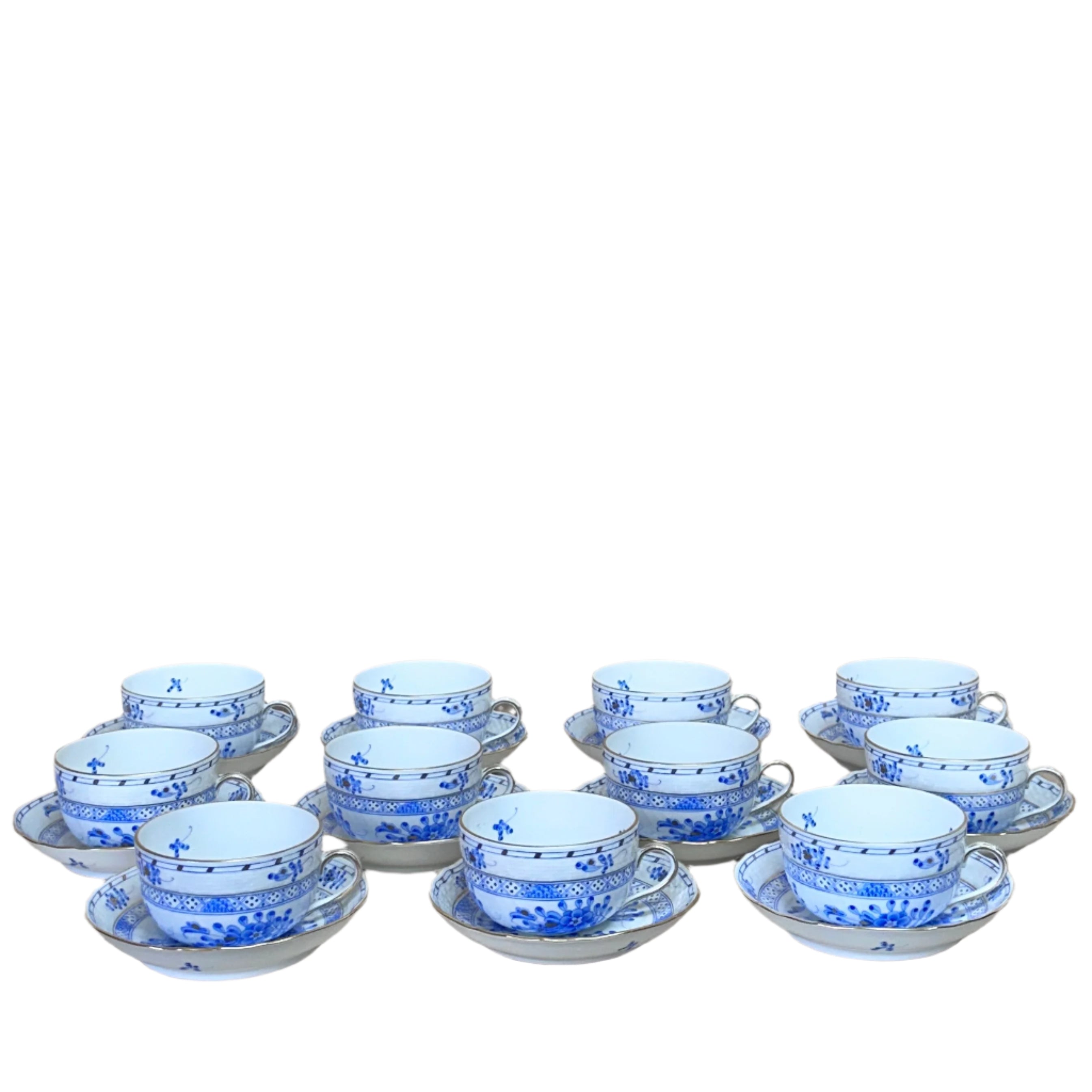 22pc Herend Waldstein Blue Porcelain Flat Demitasse Cup Saucer Set 1726/WB