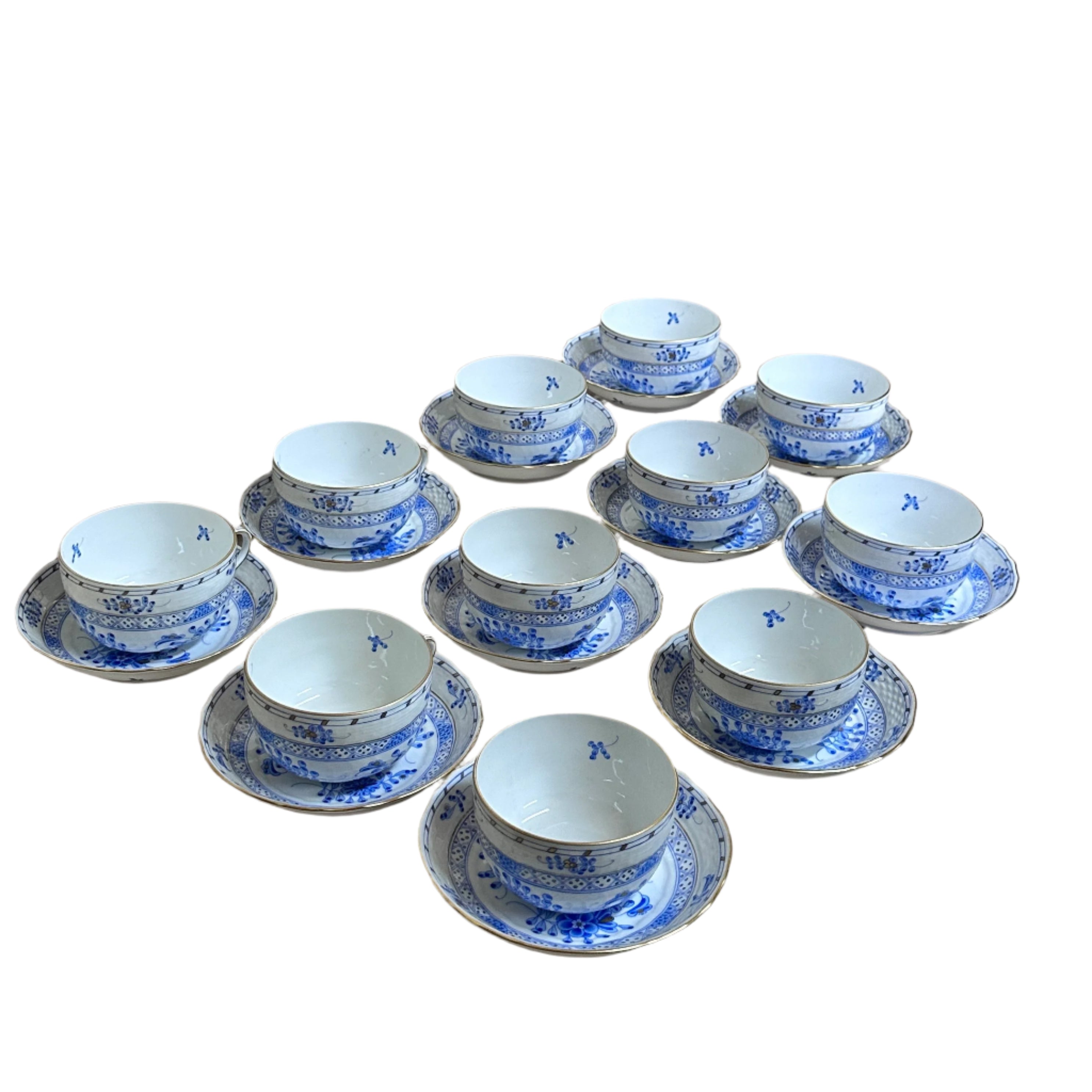 22pc Herend Waldstein Blue Porcelain Flat Demitasse Cup Saucer Set 1726/WB