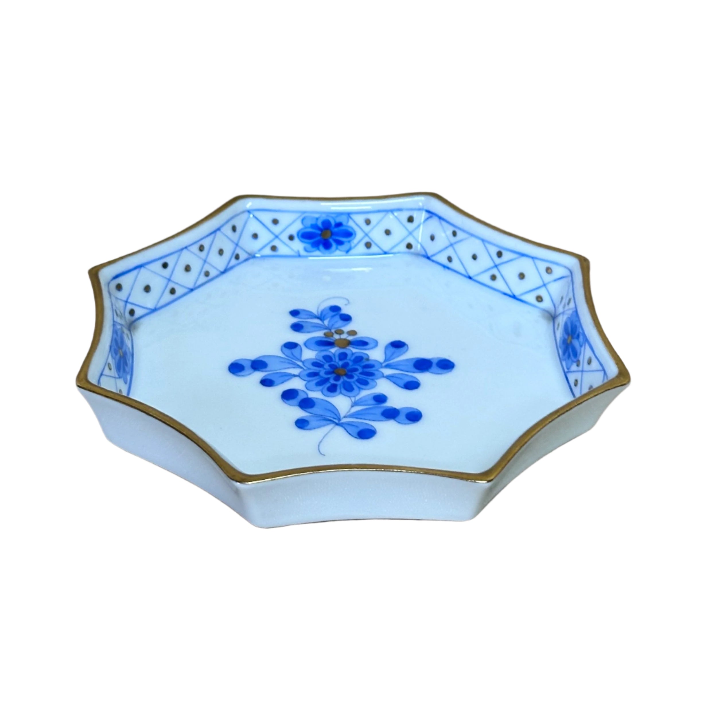 Herend Waldstein Blue Porcelain Octagonal Pin Tray Trinket Dish 8753/WB-3