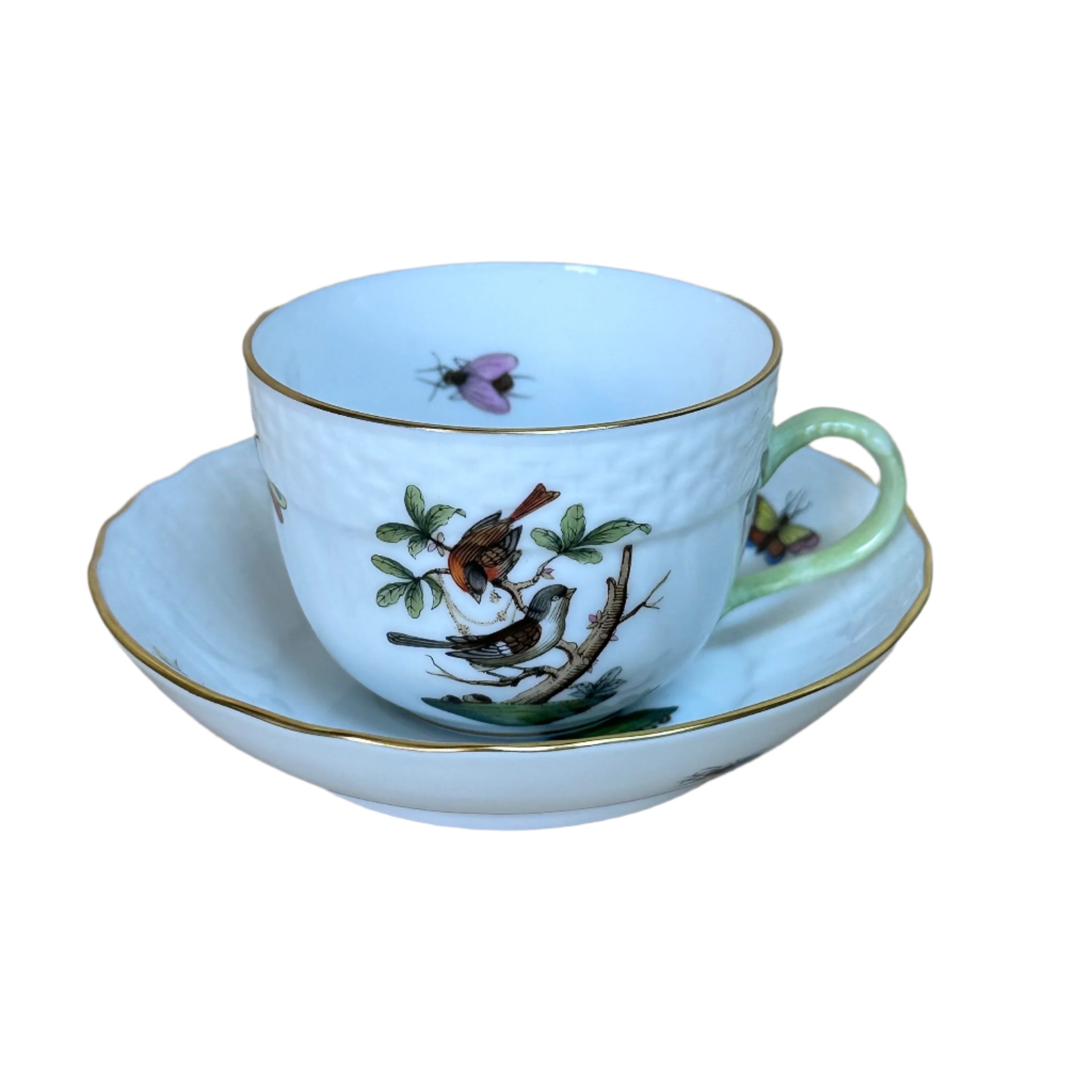 12pc Herend Rothschild Bird Flat Demitasse Cup Saucer Set for 6